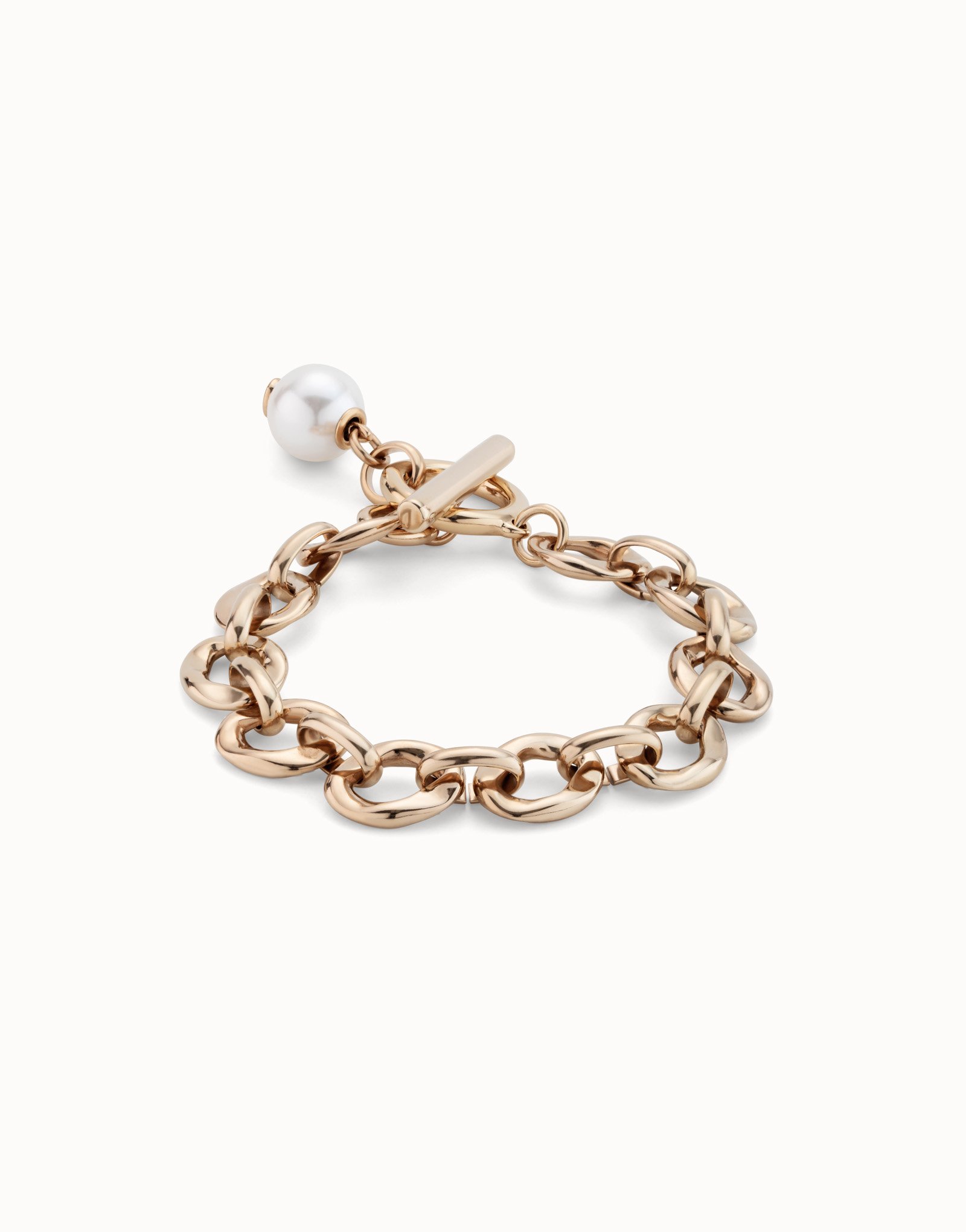 18K gold-plated bracelet with links and pearl charm, Golden, large image number null