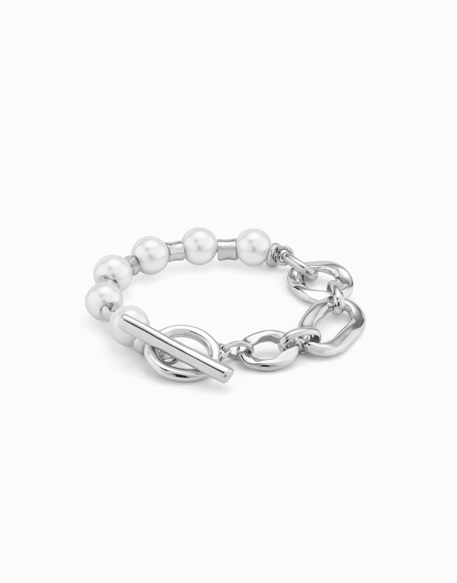 Sterling silver-plated bracelet with a combination of links and pearls, Silver, large image number null