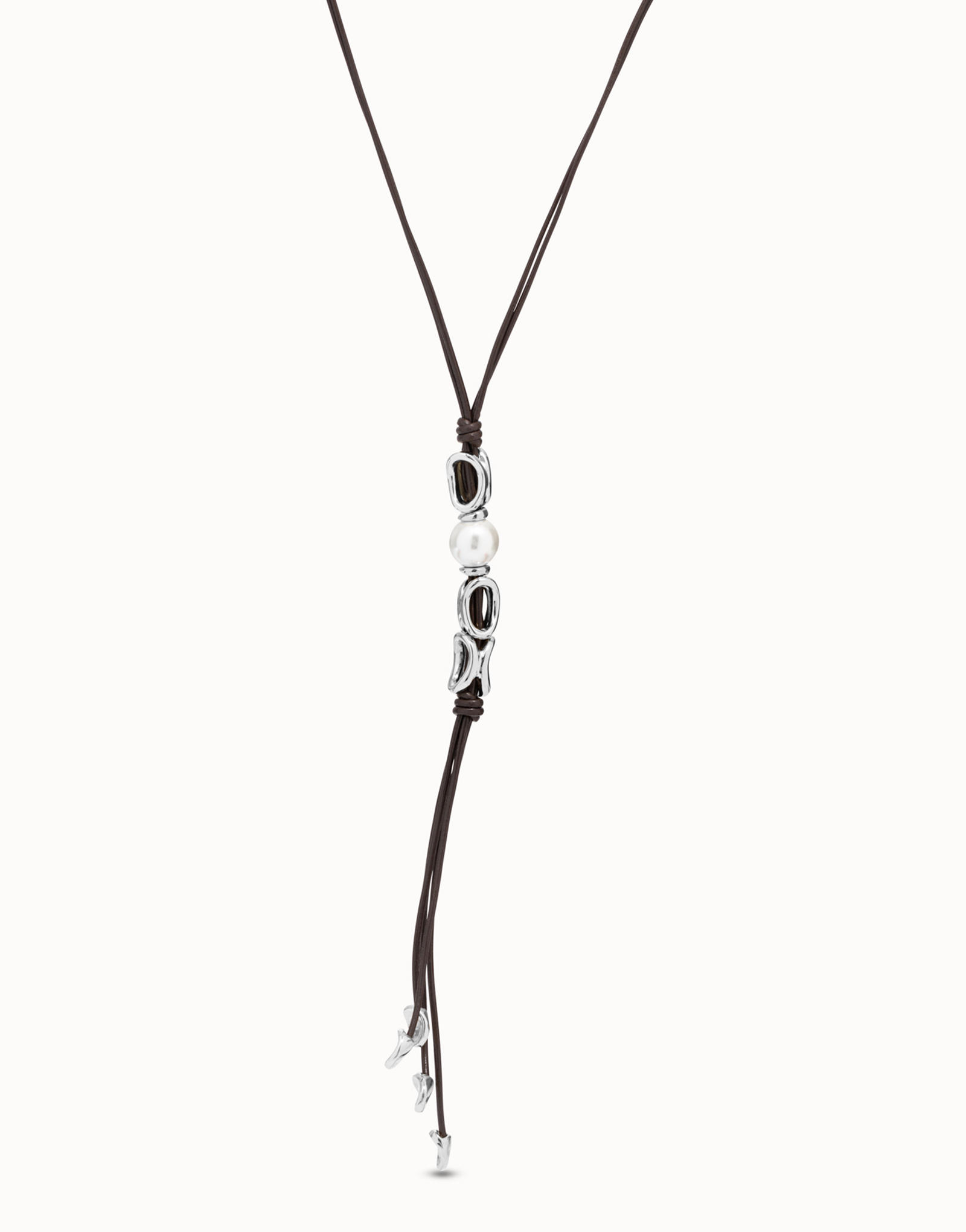 Necklace with 4 long leather whip strips, central pearl and silver oval links, Silver, large image number null