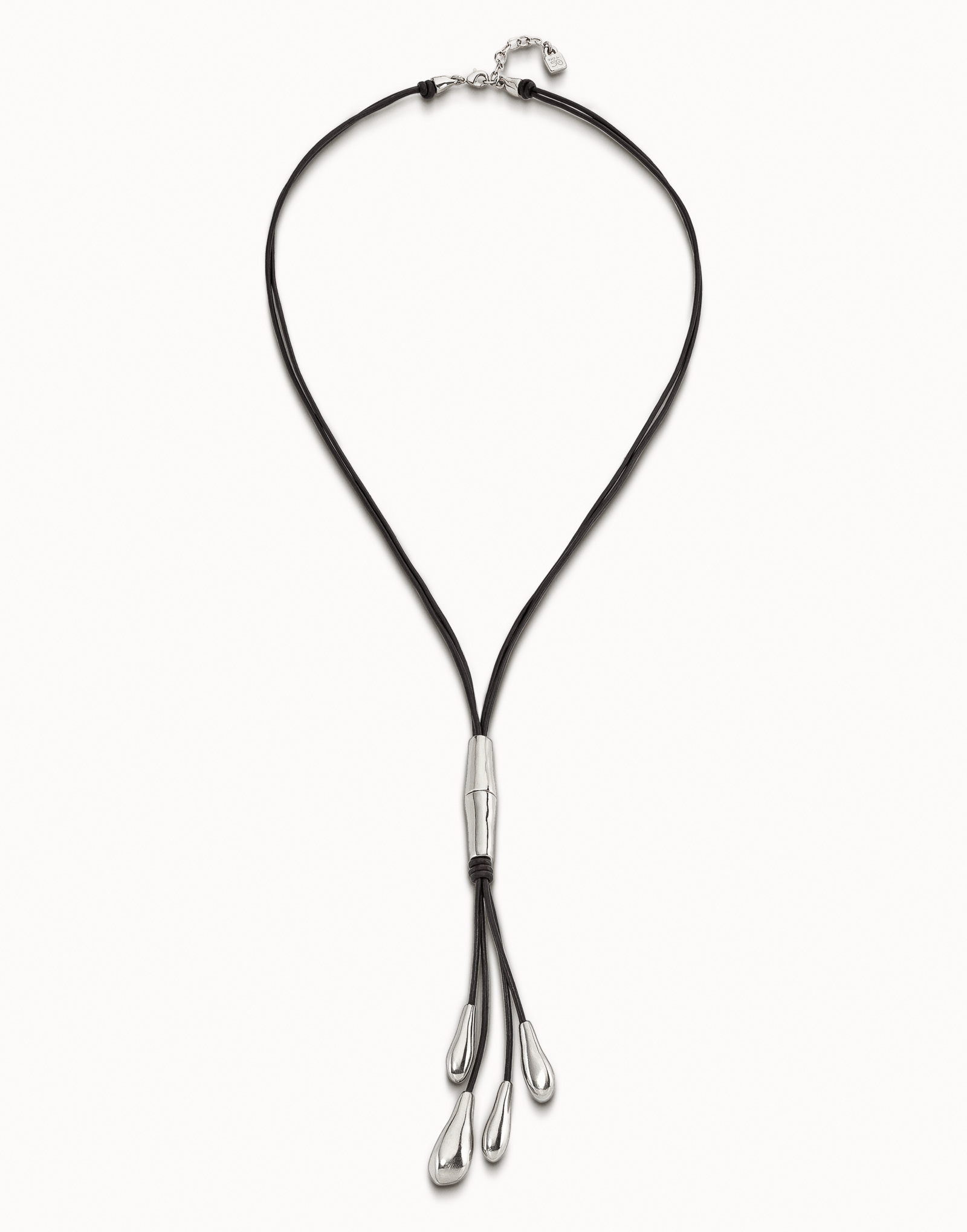 Sterling silver-plated long leather whip necklace with 2 tubules and 4 fringes with drops, Silver, large image number null