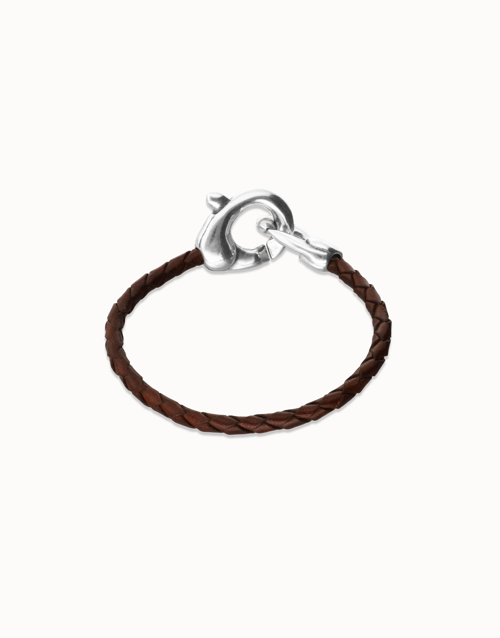 Pulsera de cuero marrón con mosquetón entrelazado, Plateado, large thumbnail