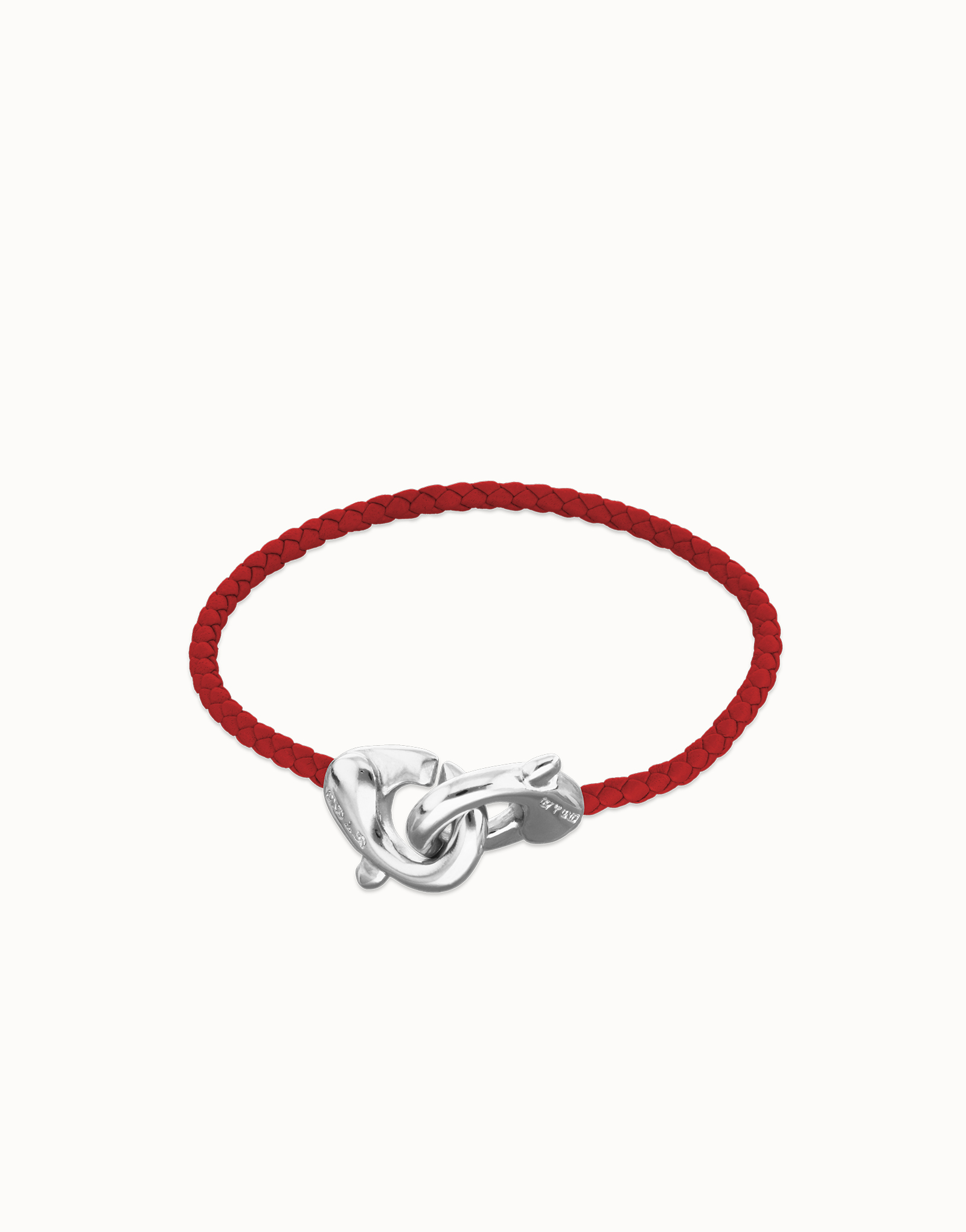 Pulsera de cuero rojo con mosquetón entrelazado en plata, Plateado, large thumbnail