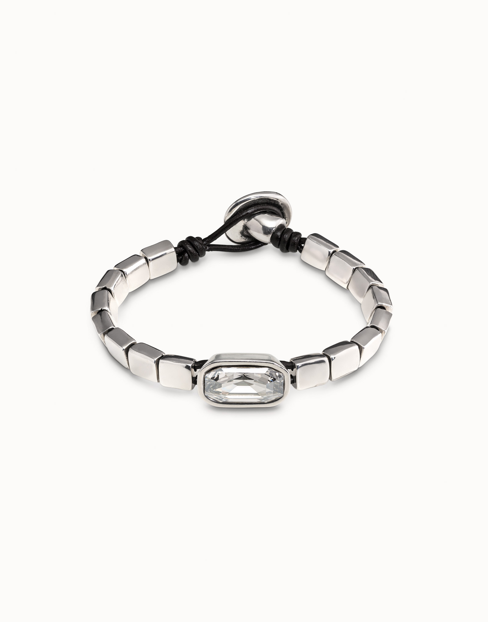 Sterling silver-plated bracelet with a strip of medium-sized beads and a central case with a crystal., , large image number null