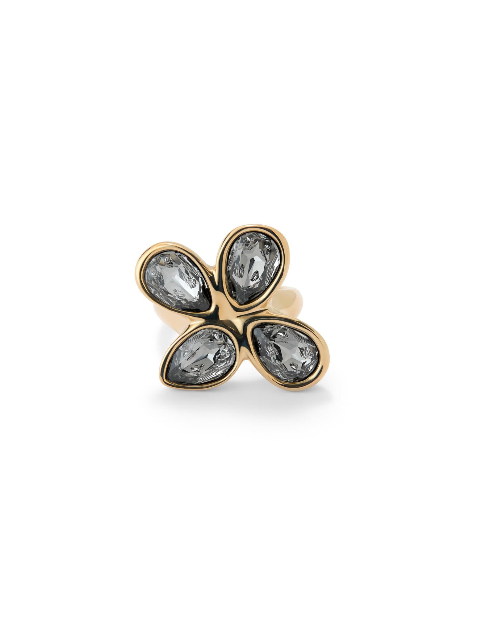 Ring with four grey drop-shaped faceted crystals