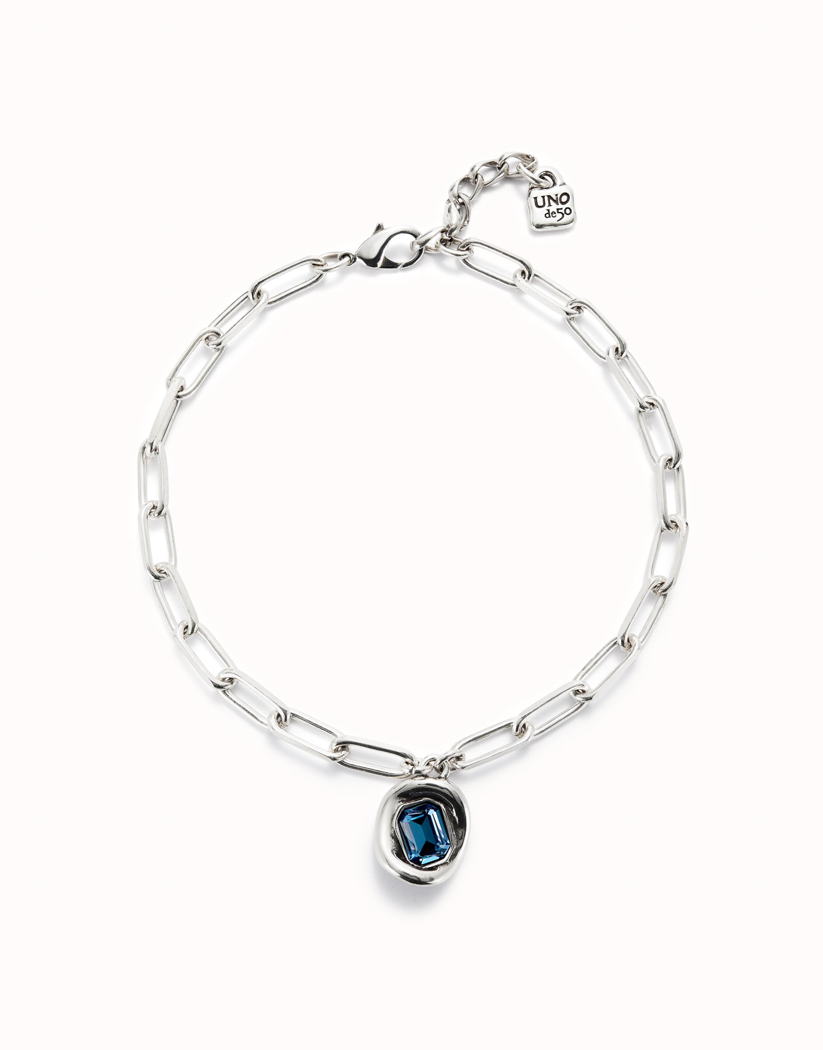 Cadena ba&ntilde;ada en plata de ley con eslabones y cristal azul