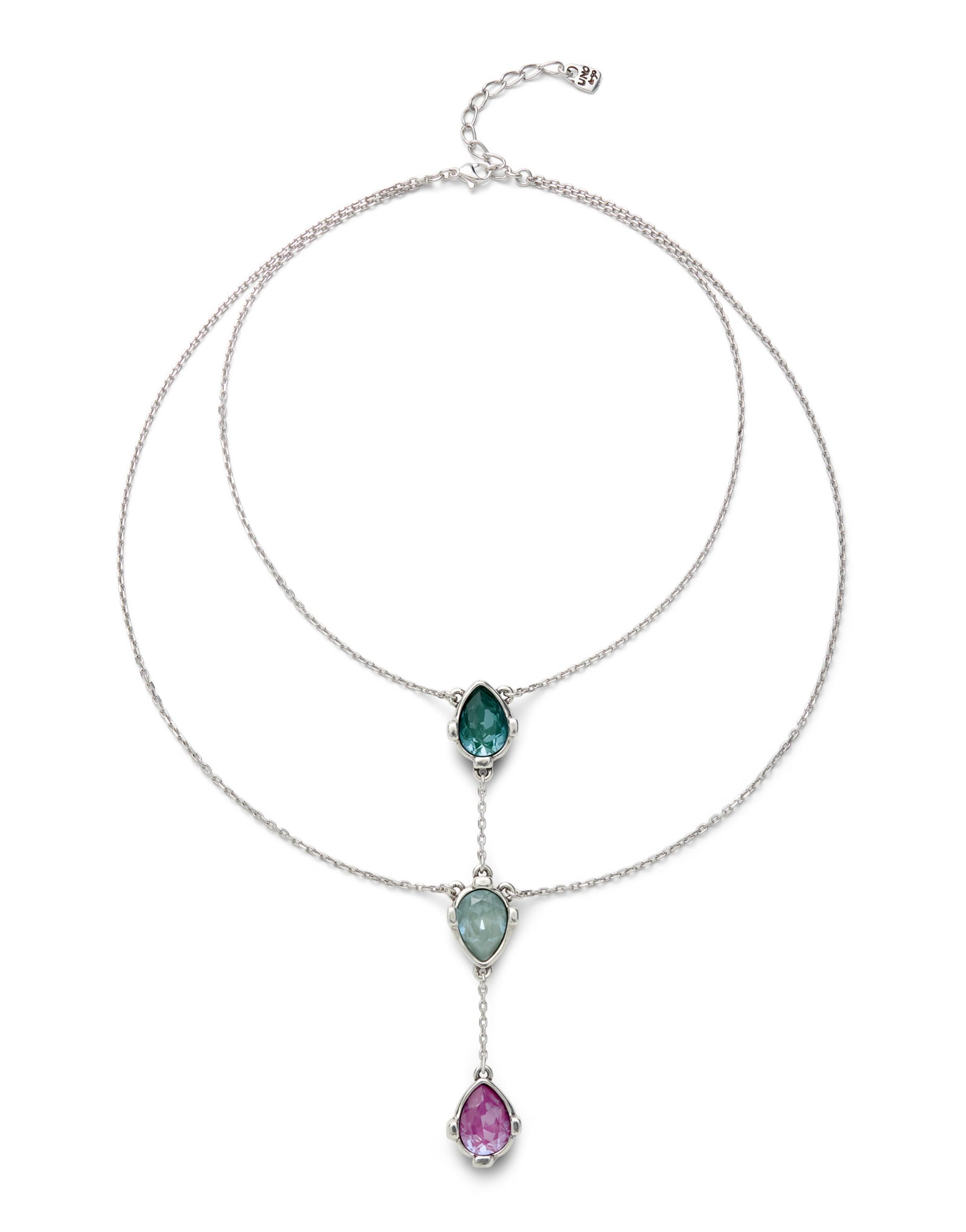 Double necklace with three drop-shaped pendants featuring multicoloured faceted crystals