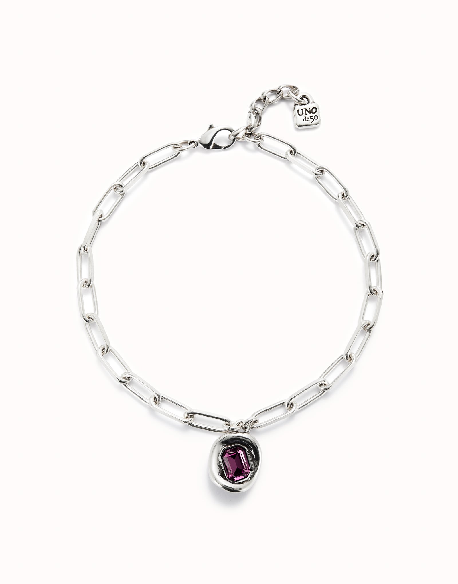 Cadena ba&ntilde;ada en plata de ley con eslabones y cristal rosa
