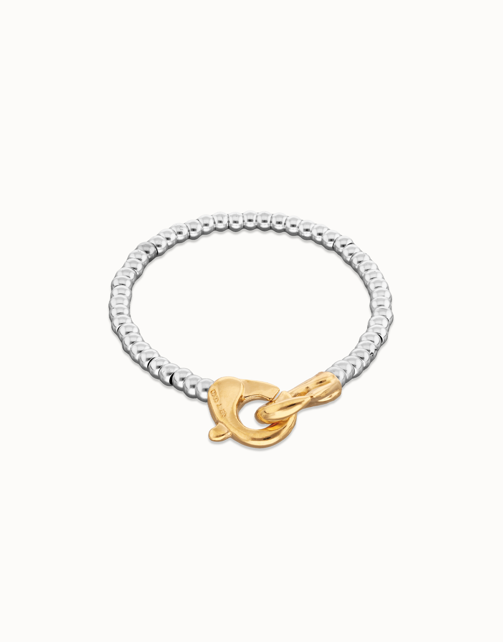 Pulsera de bolas pequeñas bañada en oro con mosqueton entrelazado en oro, Plateado, large thumbnail
