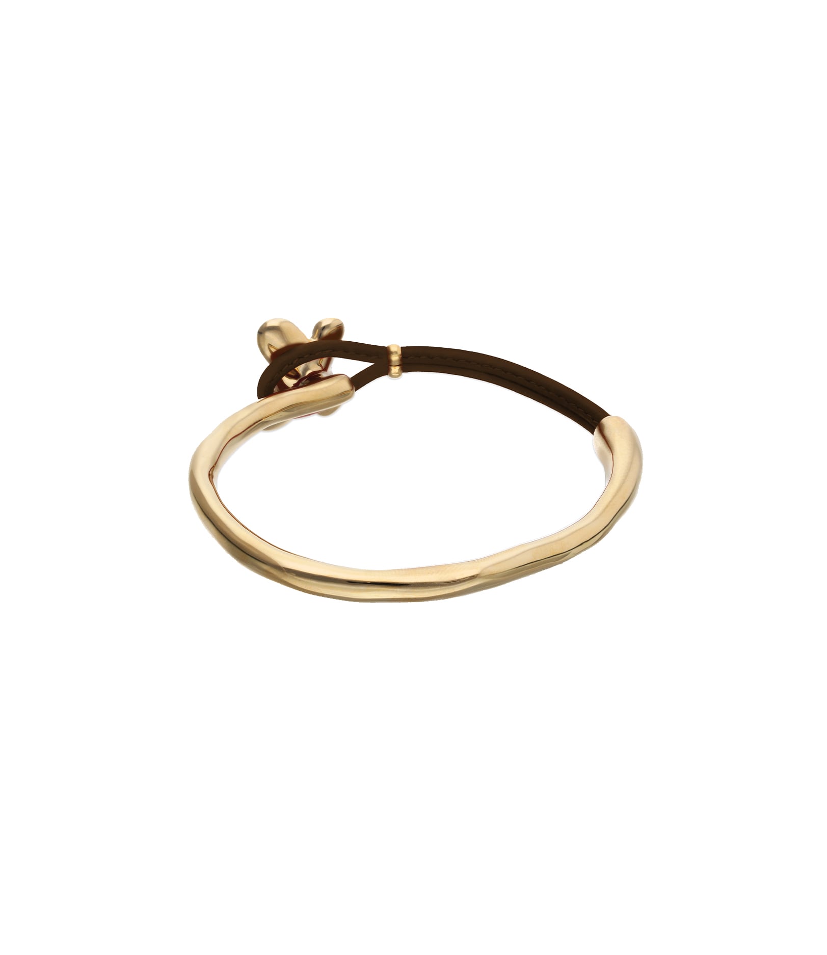 Pulsera combinada en cuero marr&oacute;n y oro 18k con adorno de mariposa