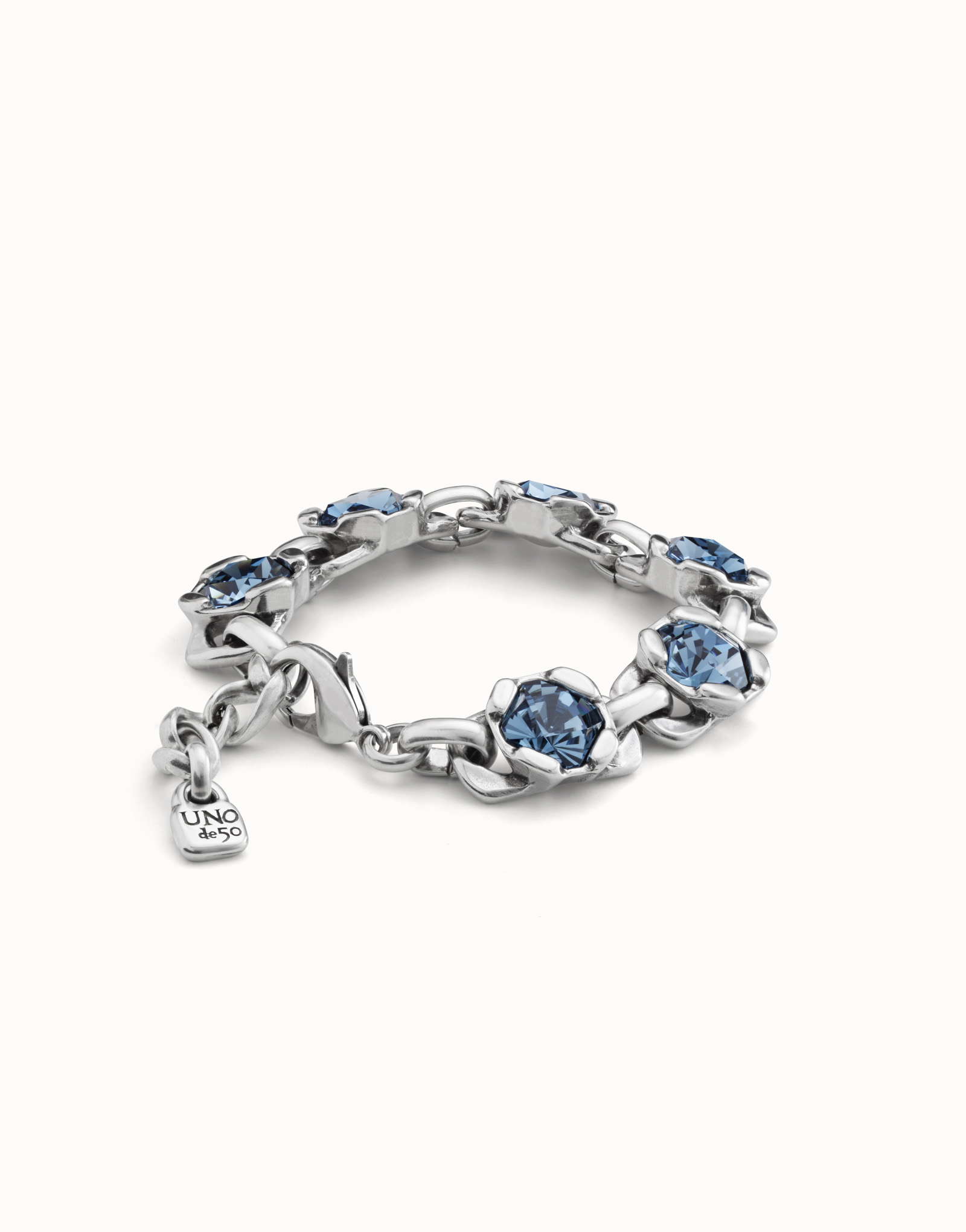 Sterling silver-plated bracelet with 7 hexagonal crystals, carabiner clasp and extension, Silver, large image number null