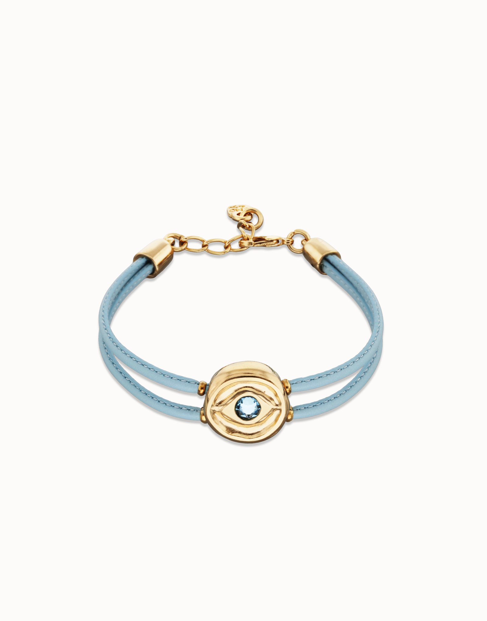 Pulsera doble de cuero celeste con ojo bañado en oro 18k, Dorado, large thumbnail