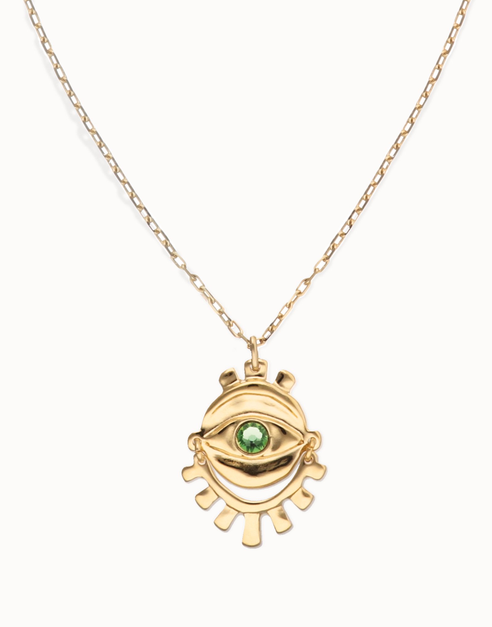 Collar largo bañado en oro 18k con detalle de ojo y cristal facetado verde, Dorado, large thumbnail
