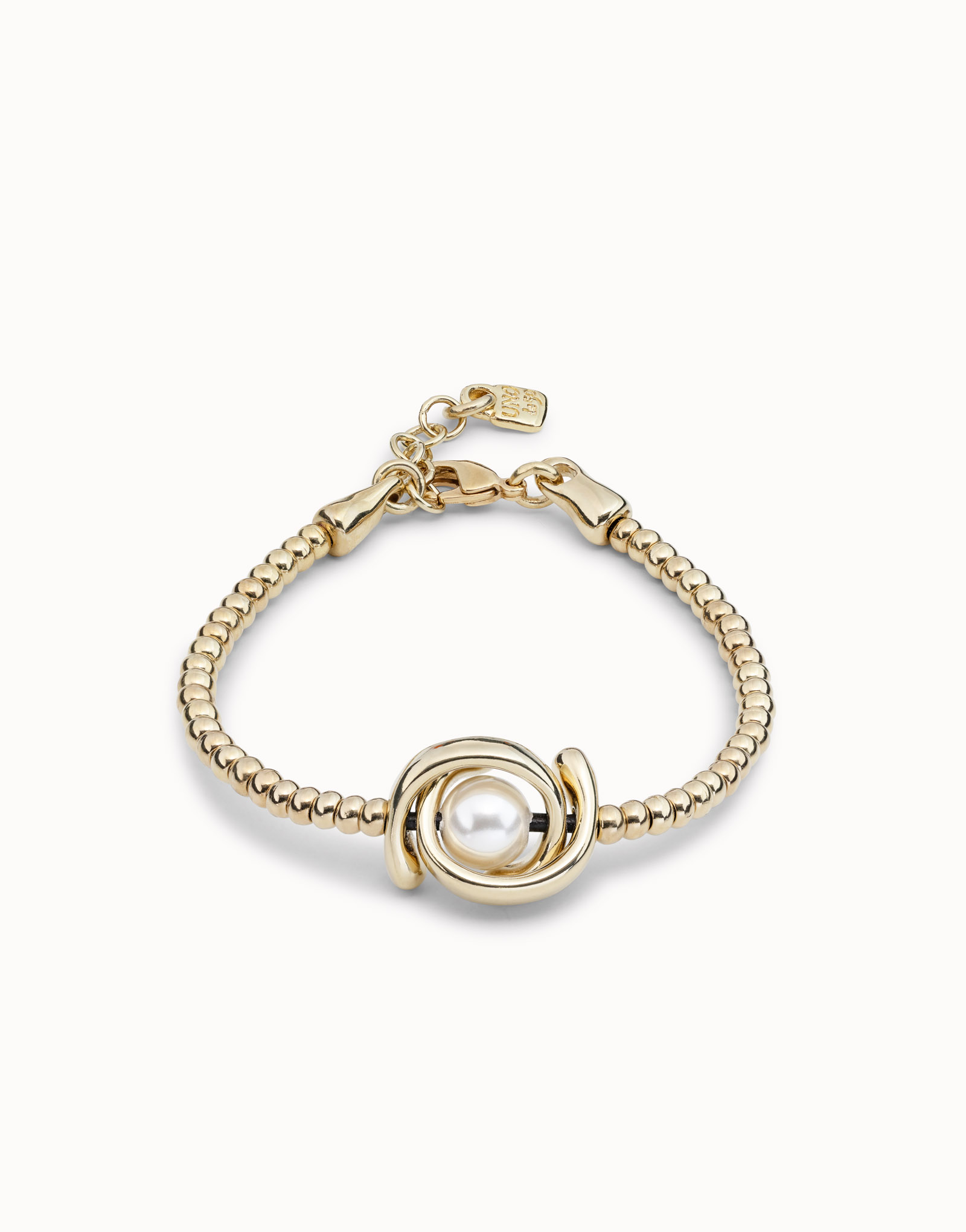 Bracciale elastico a un giro placcato oro 18k e perlina doppia luna e perla, Dorado, large image number null