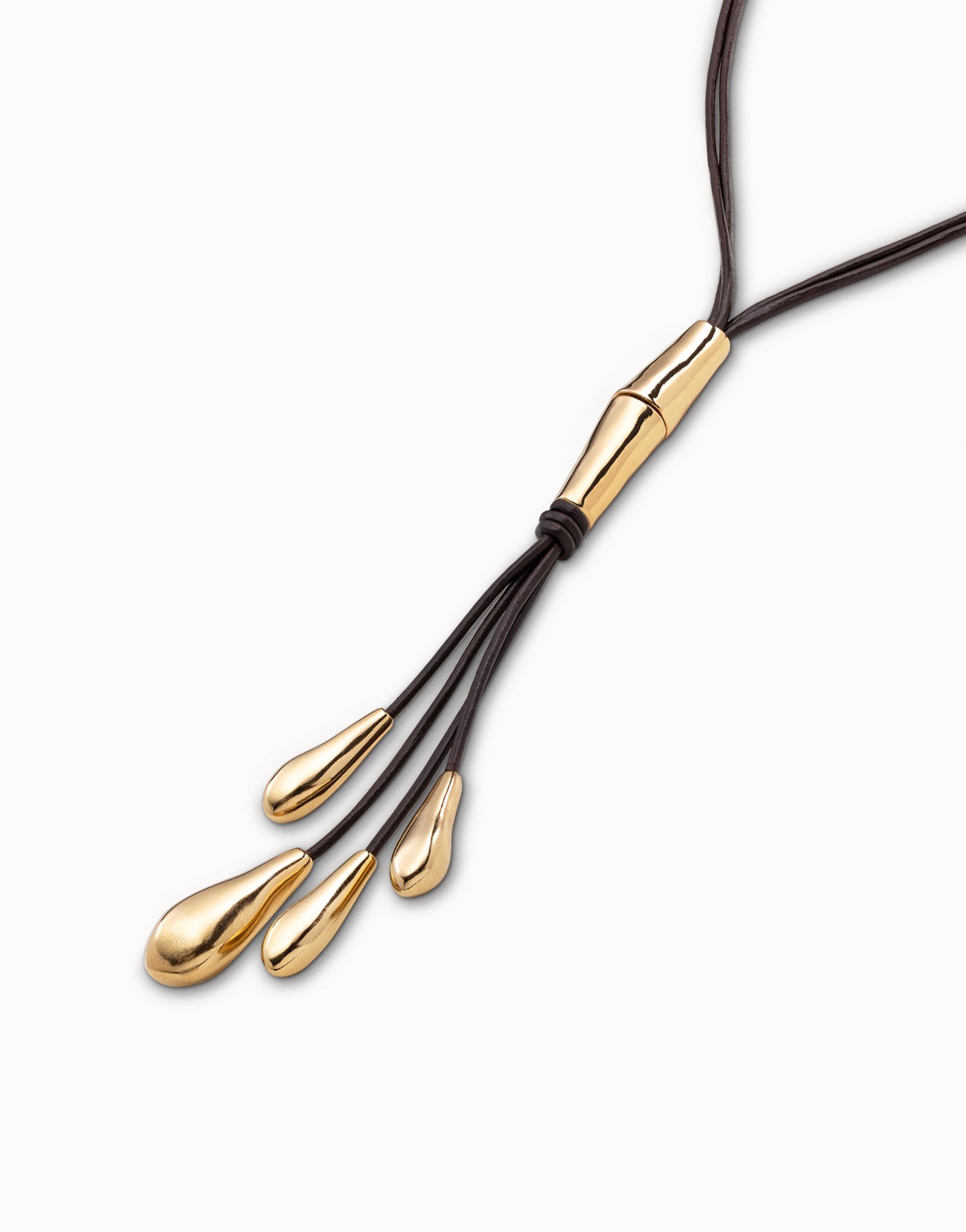 18K gold-plated long leather whip necklace with 2 tubules and 4 fringes with drops, Golden, large image number null