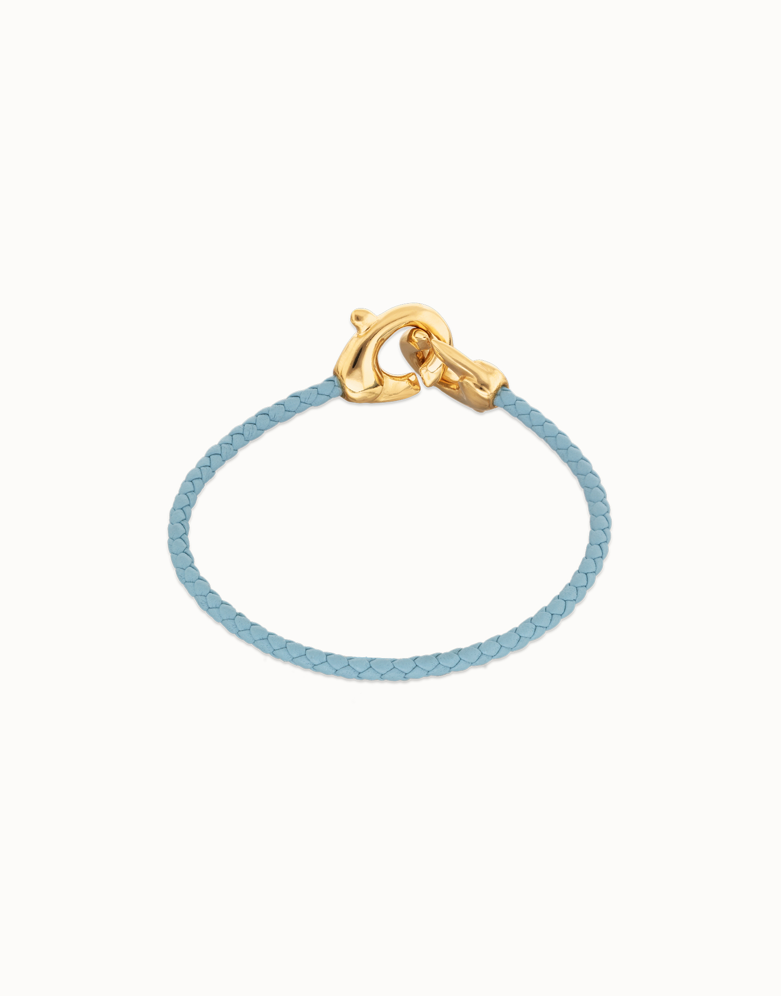 Pulsera de cuero azul con mosquetón entrelazado en oro, Dorado, large thumbnail