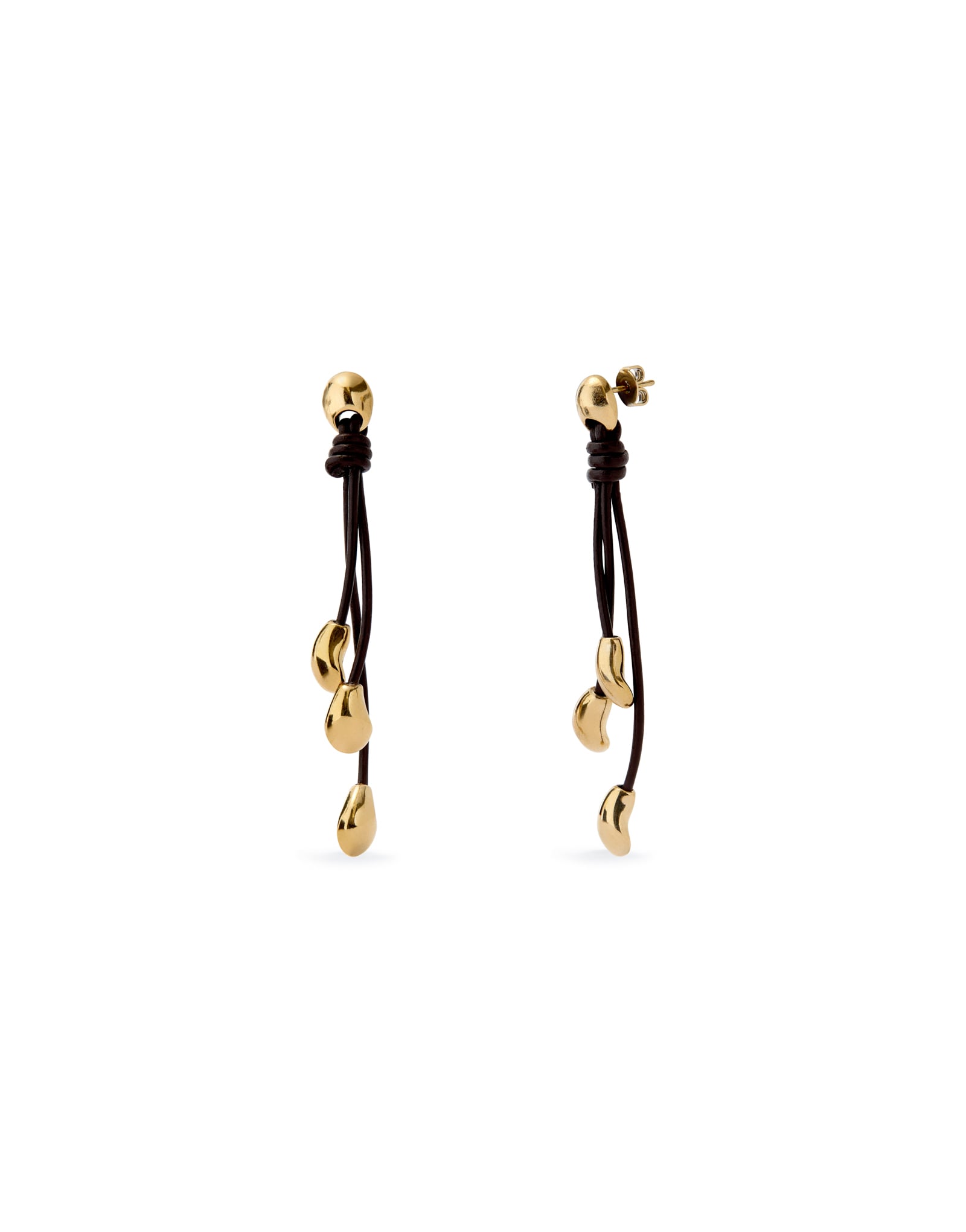 Pendientes largos con cuero y gotas ba&ntilde;adas en oro