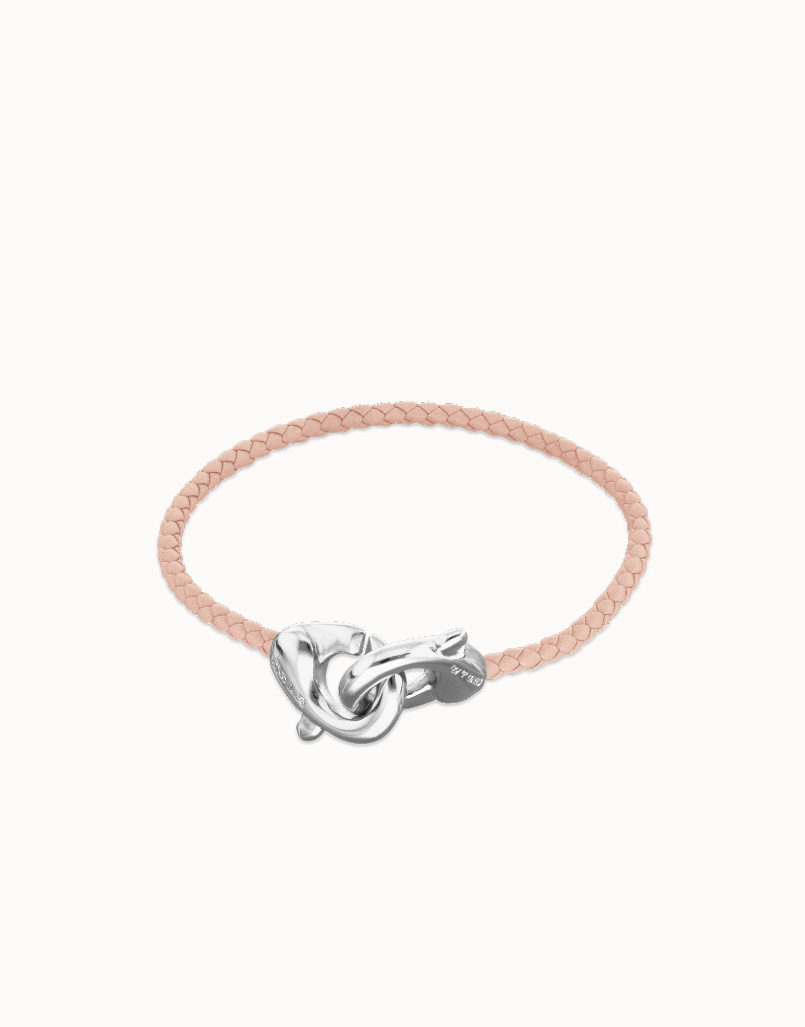 Pulsera de cuero rosa con mosquetón entrelazado en plata, Plateado, large thumbnail