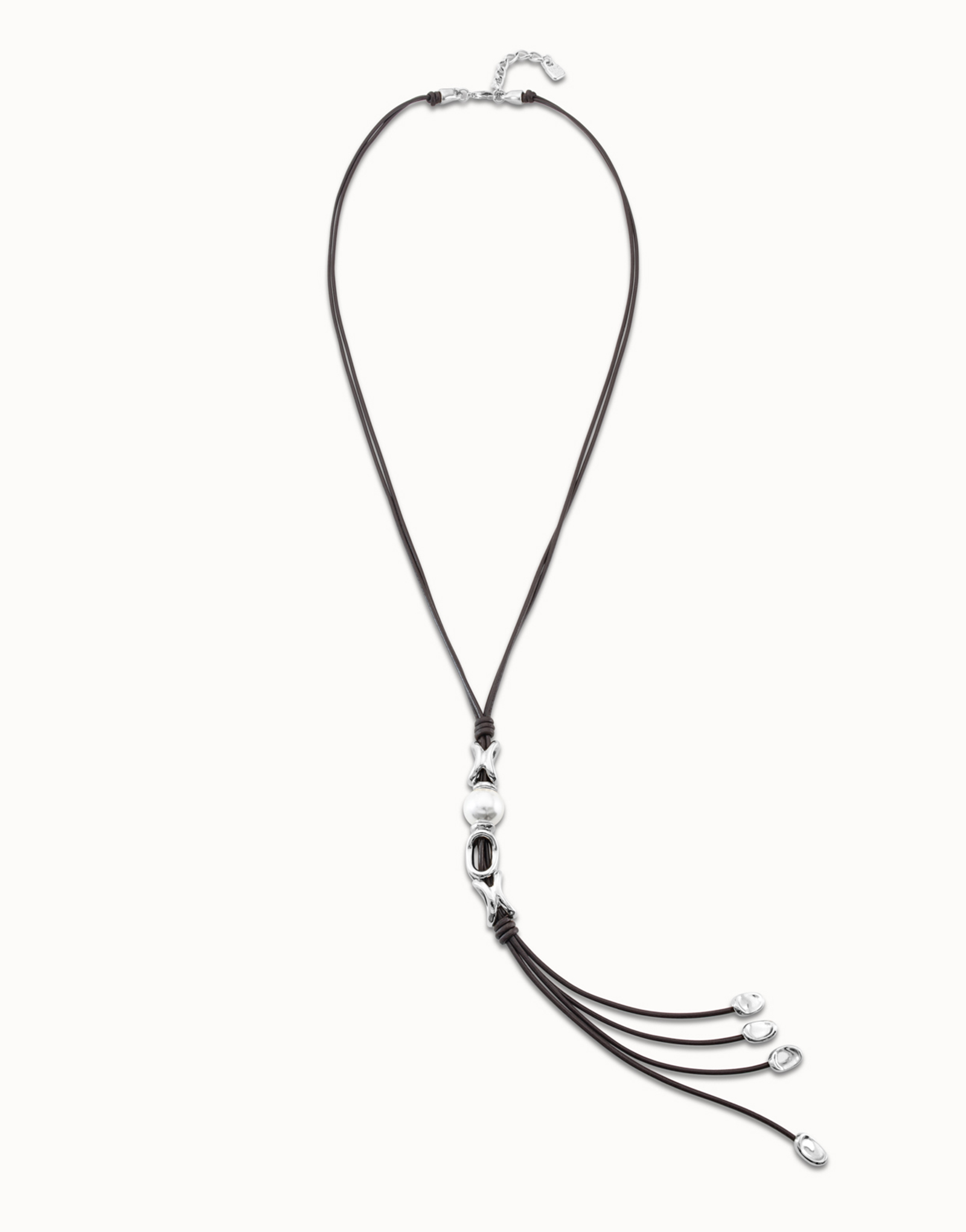 Necklace with 4 long leather whip strips, central pearl and silver oval links, Silver, large image number null