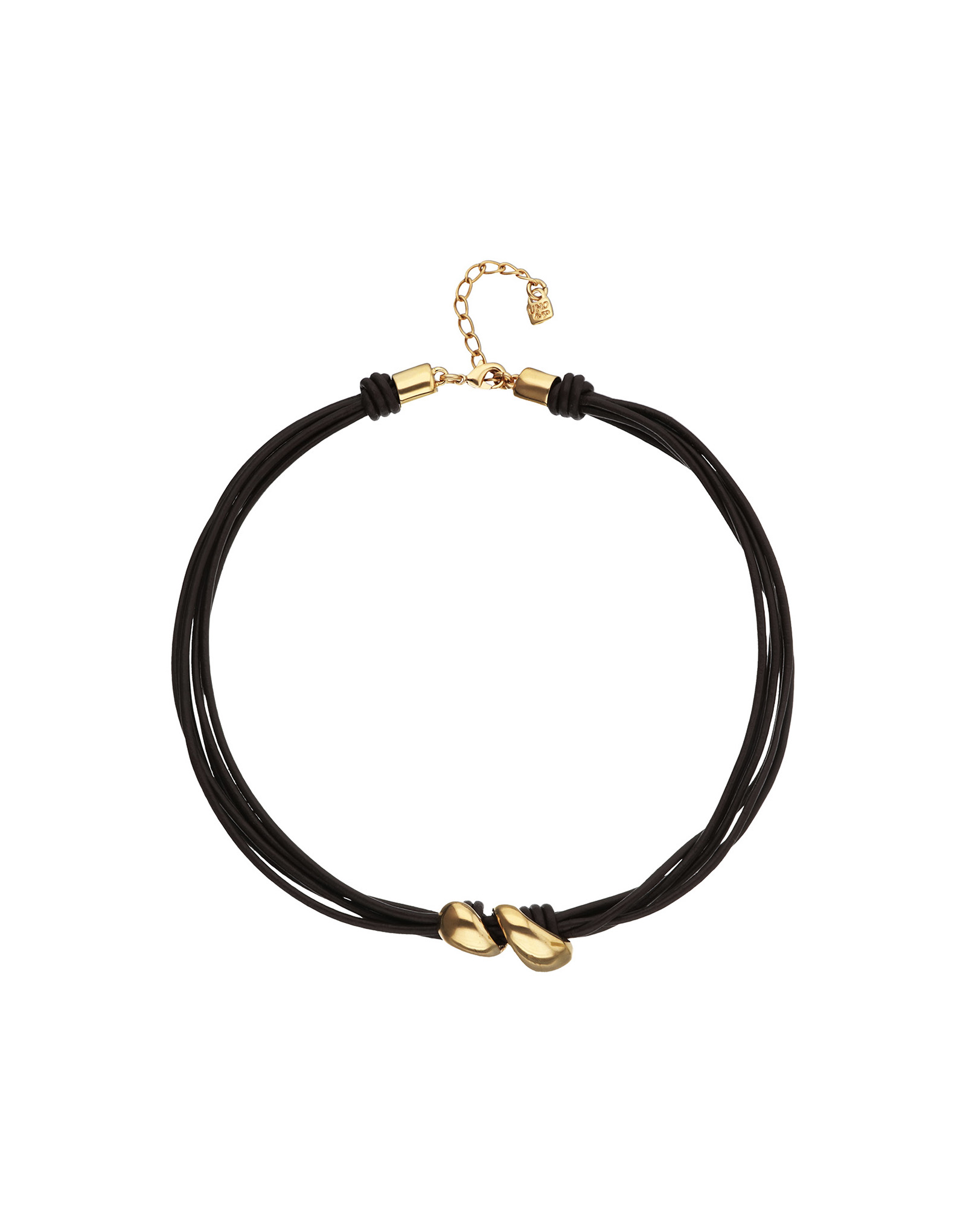 Collier court en cuir &agrave; deux gouttes dor&eacute;es