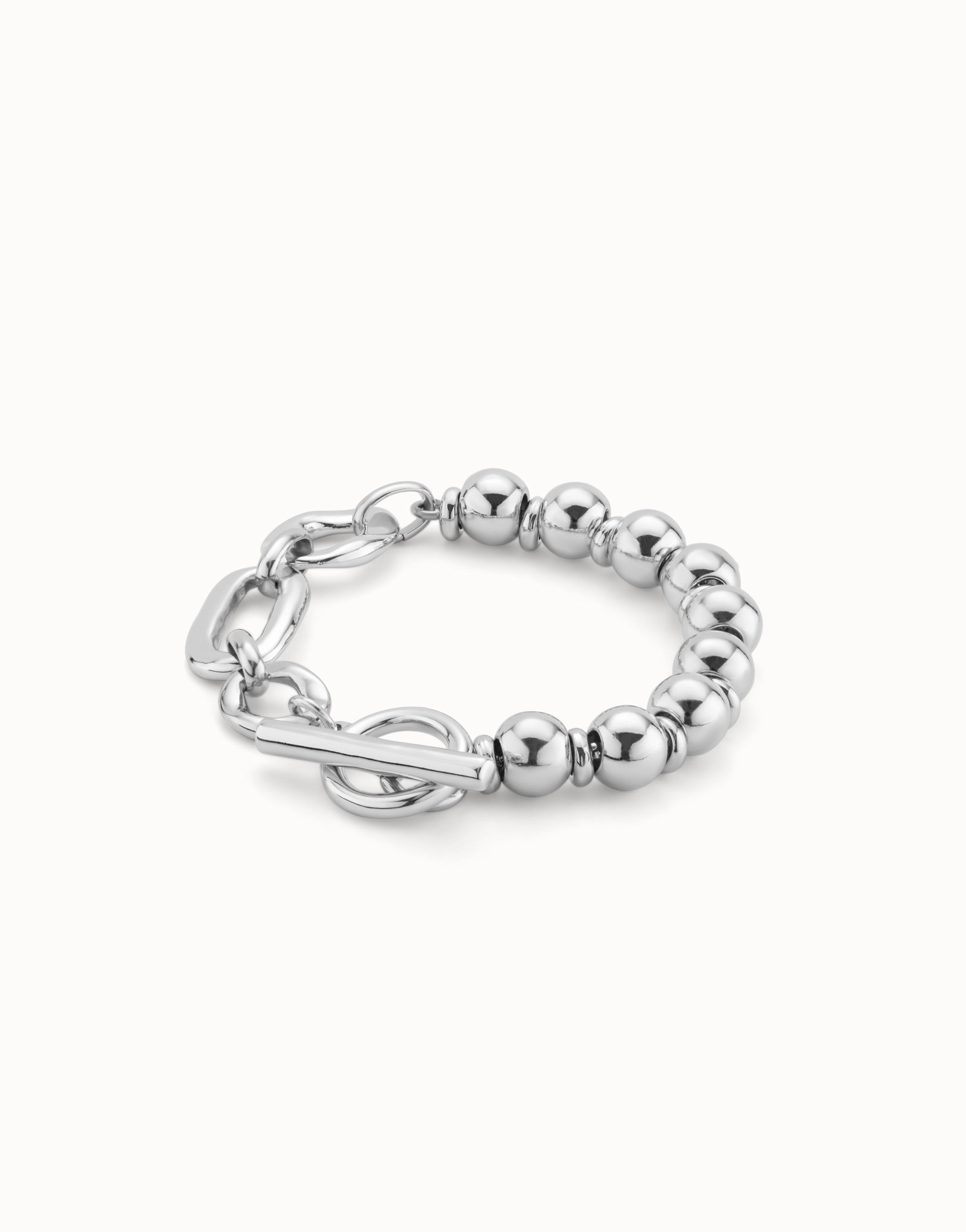 Bracciale di cuoio con maglie rettangolari placcato argento Sterling, Argent, large image number null