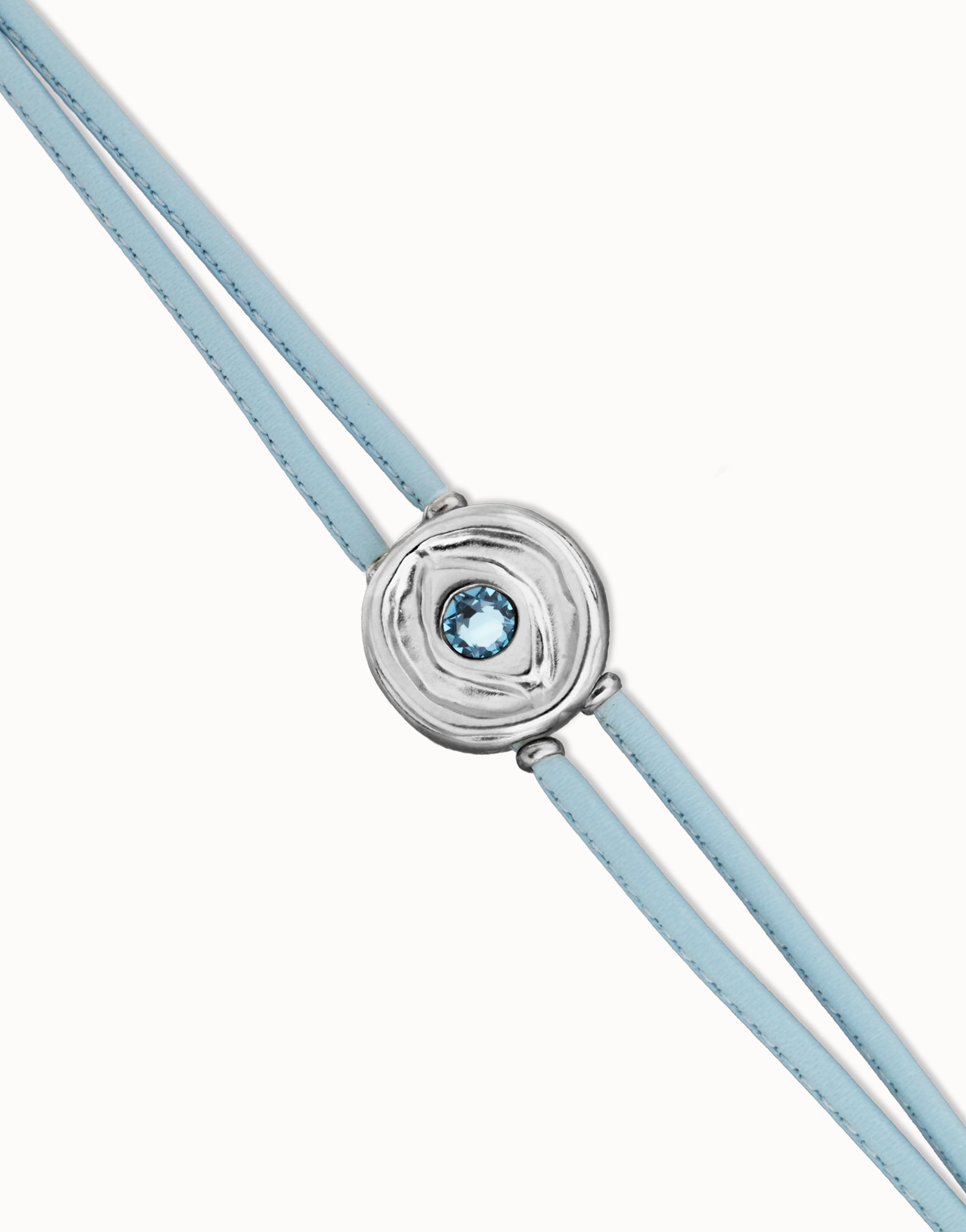 Pulsera doble de cuero celeste con ojo bañado en plata de ley, Plateado, large thumbnail