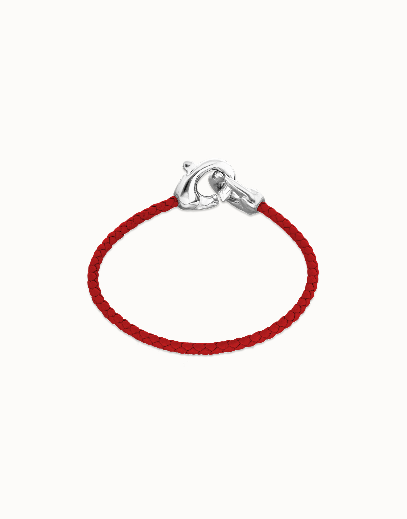 Pulsera de cuero rojo con mosquetón entrelazado en plata, Plateado, large thumbnail