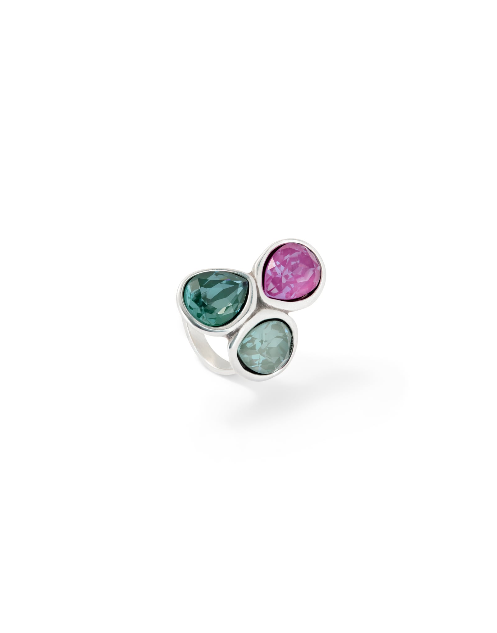 Ring with three multicoloured drop-shaped faceted crystals
