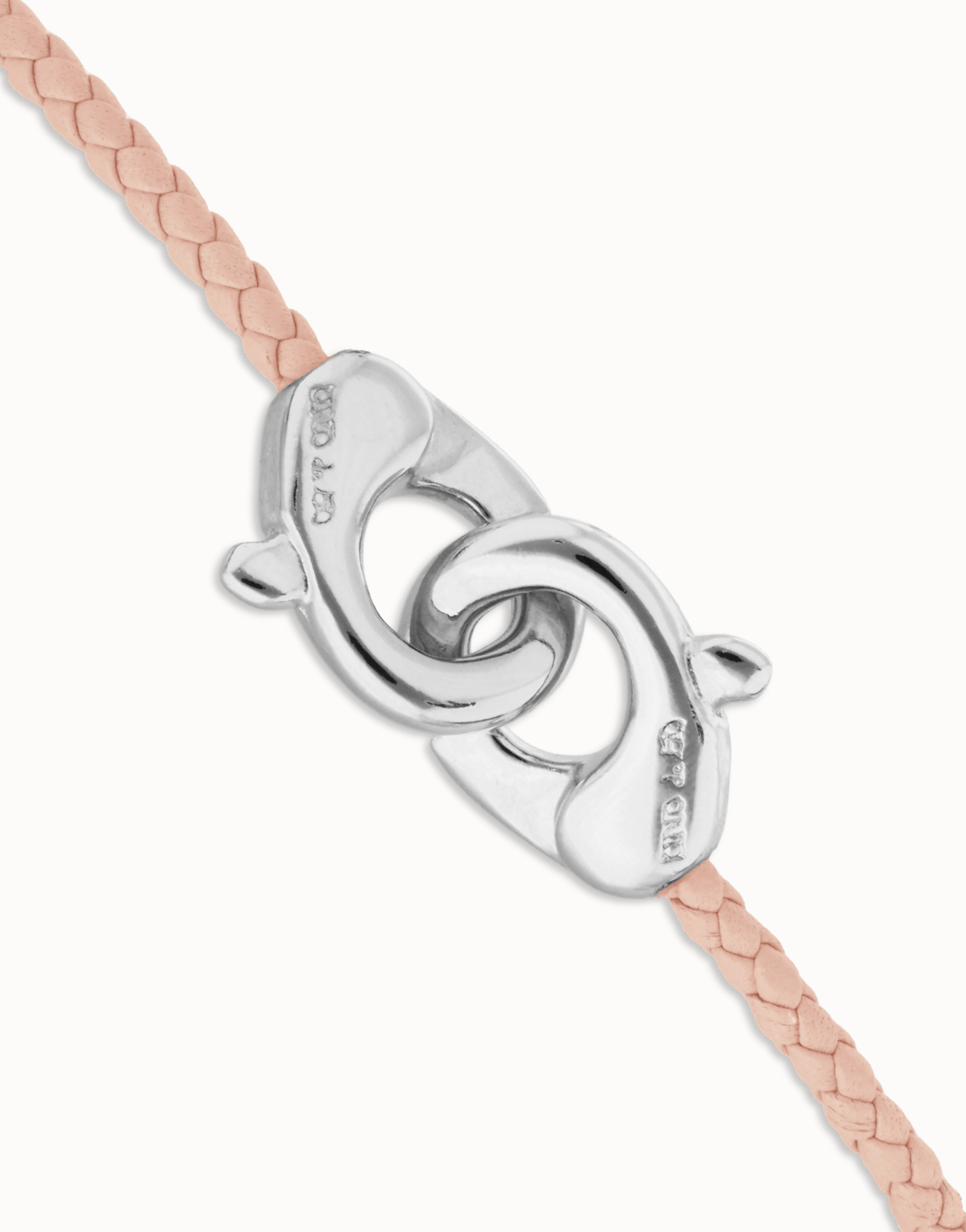 Pulsera de cuero rosa con mosquetón entrelazado en plata, Plateado, large thumbnail