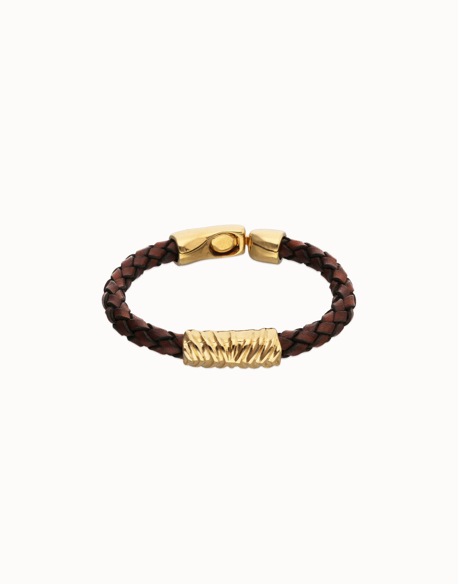 Brown braided leather bracelet with a metal detail, Golden, large thumbnail