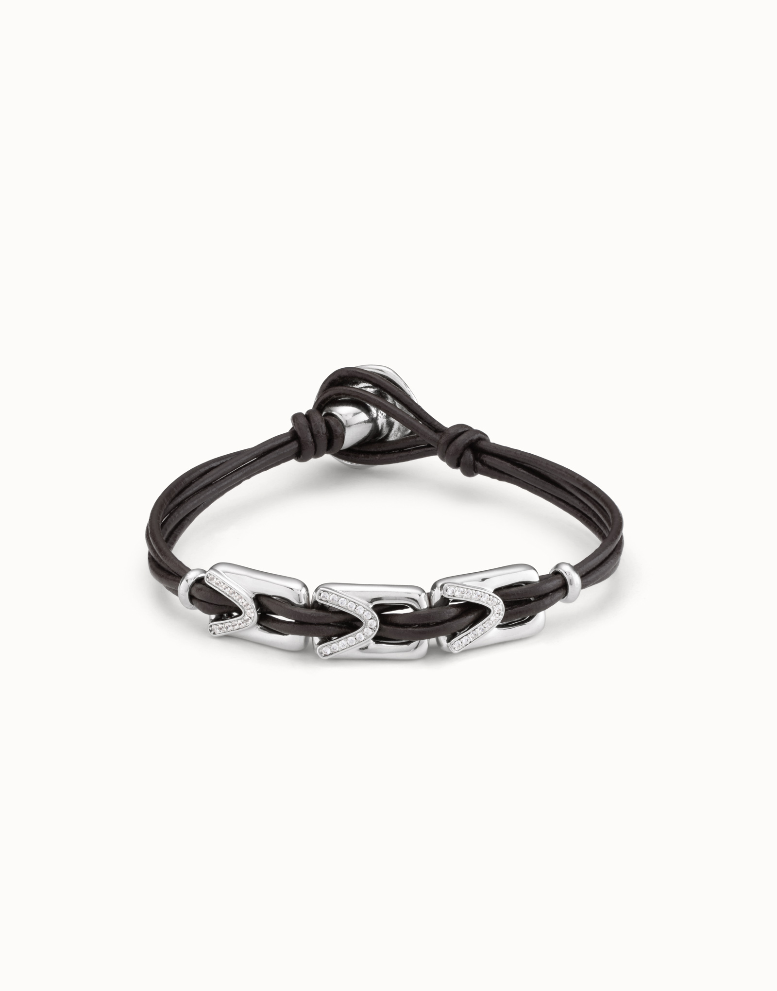 Bracciale in cuoio con 3 maglie placcate argento Sterling e topazi, chiusura a bottone, Argent, large image number null