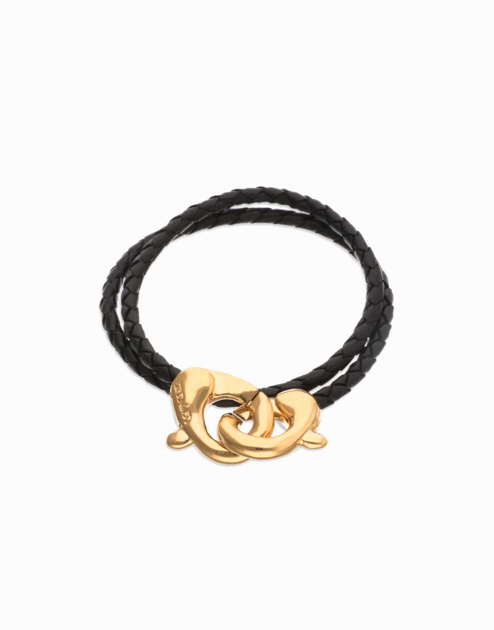 Double black leather bracelet with interlocking carabiner, Golden, large thumbnail
