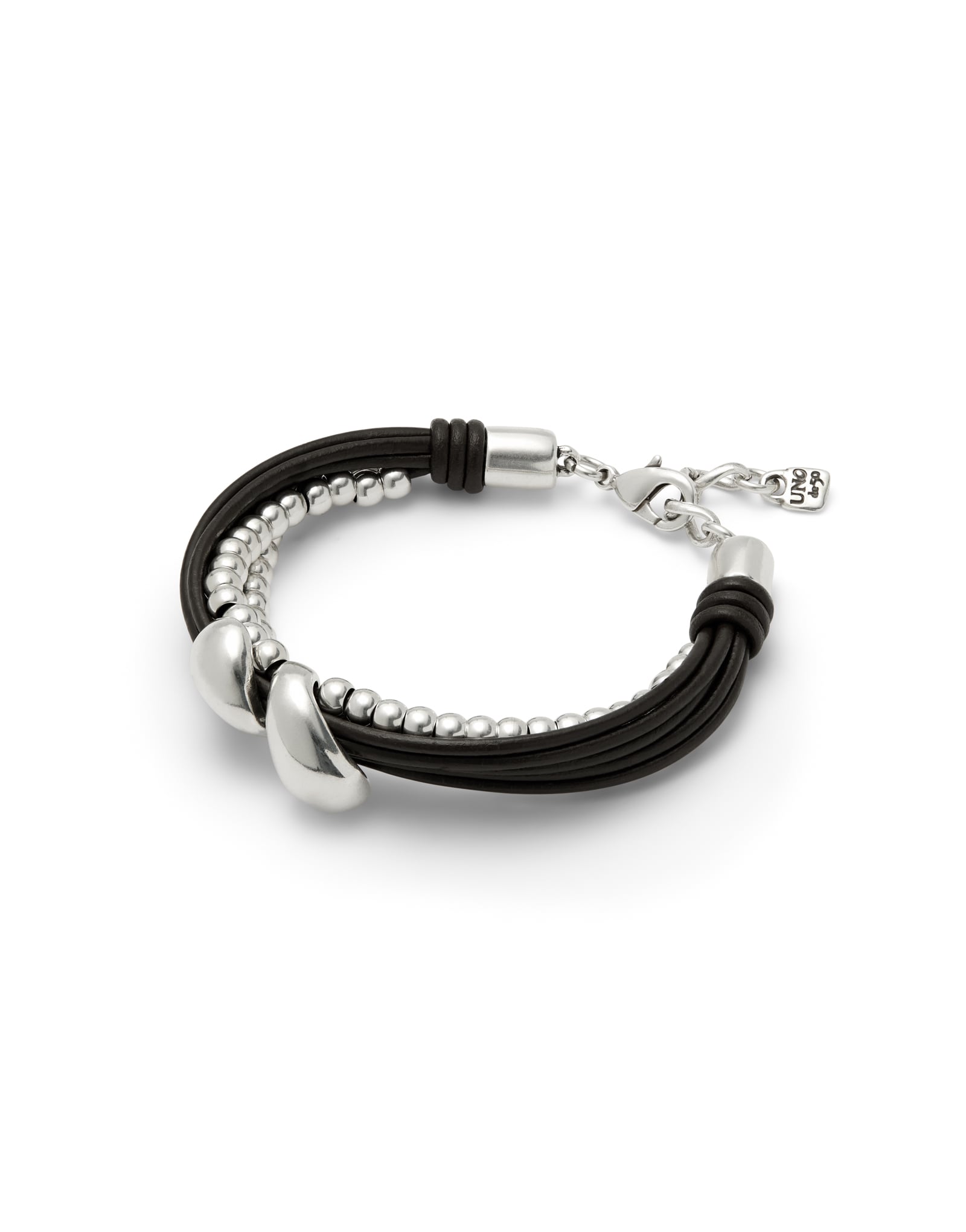 Pulsera combinada en cuero y cuentas ba&ntilde;adas en plata con dos gotas