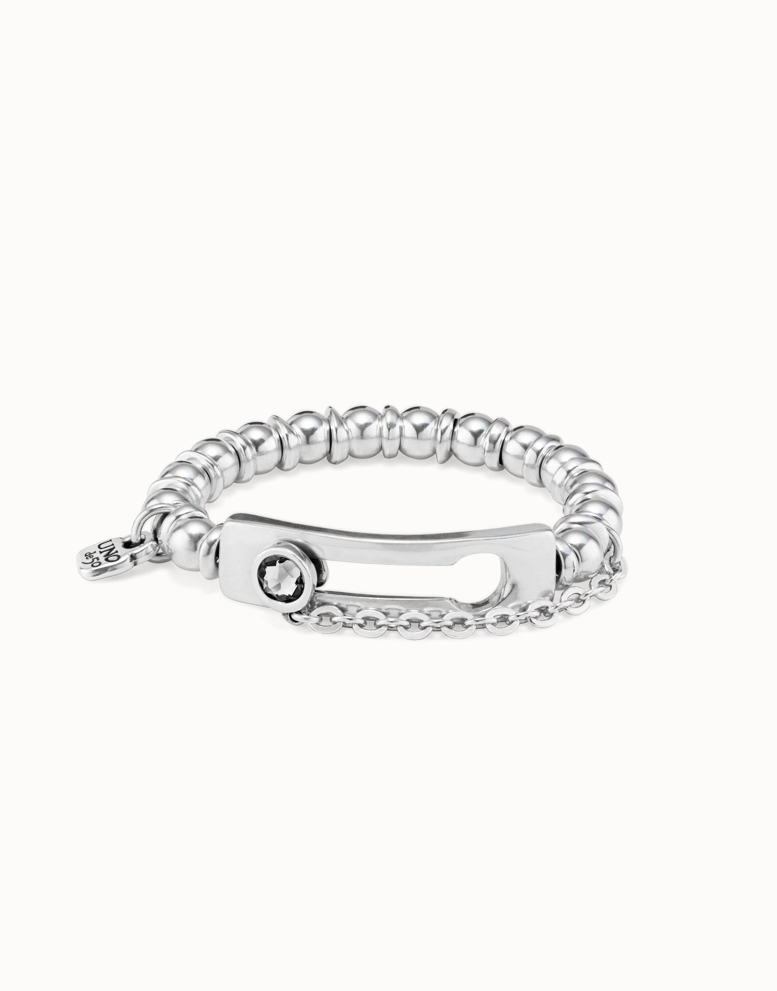 Bracelet élastique plaqué argent avec boules et un maillon central avec cristal, Argent, large image number null