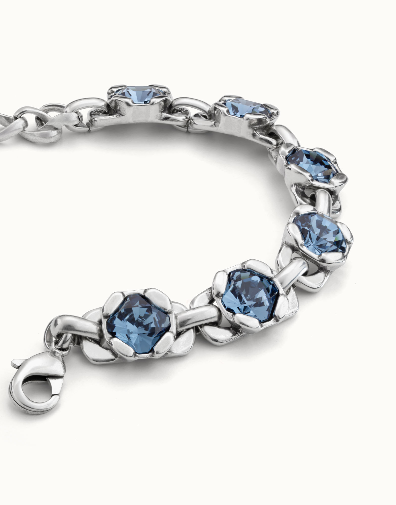 Sterling silver-plated bracelet with 7 hexagonal crystals, carabiner clasp and extension, Silver, large image number null