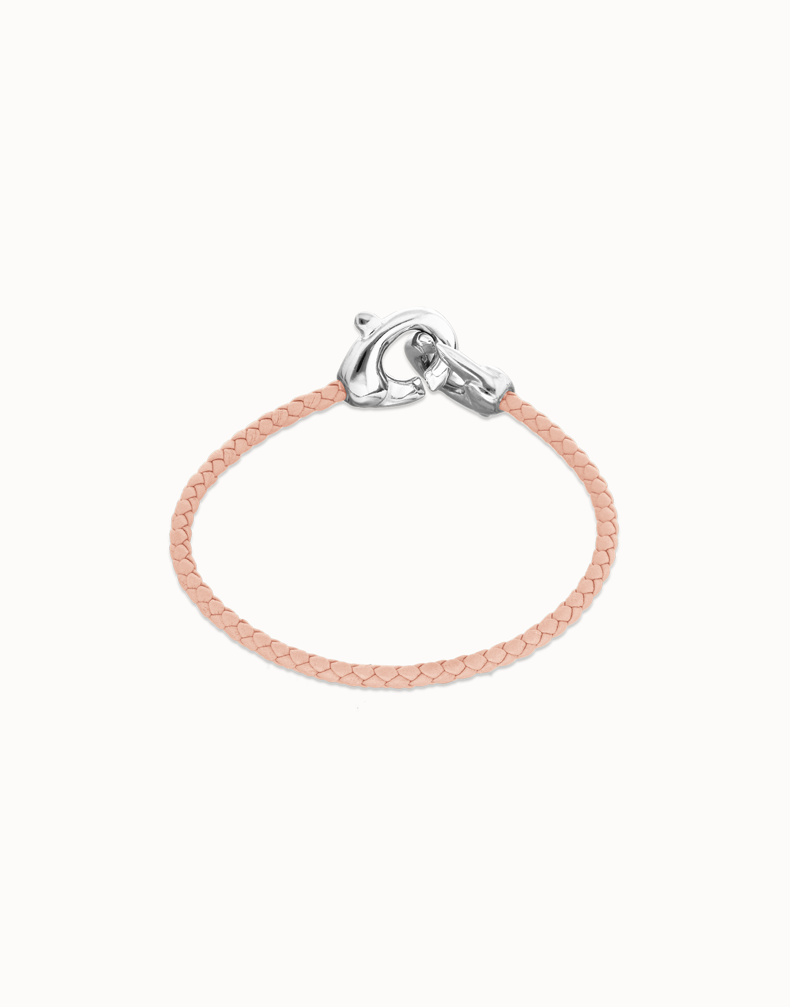 Pulsera de cuero rosa con mosquetón entrelazado en plata, Plateado, large thumbnail