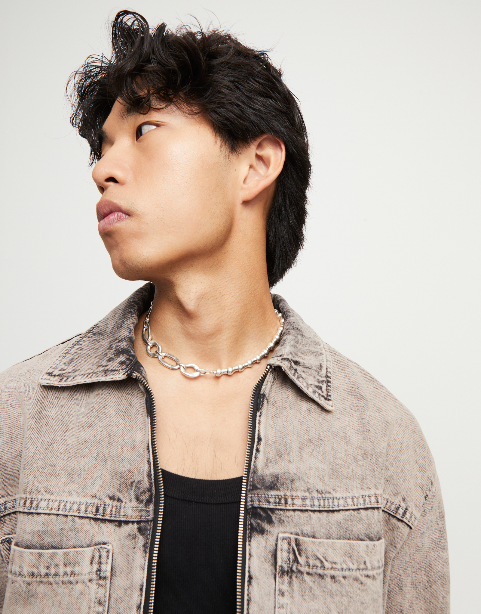Collar de eslabón y bolas bañado en plata de ley con cierre de mosquetón, Plateado, large thumbnail