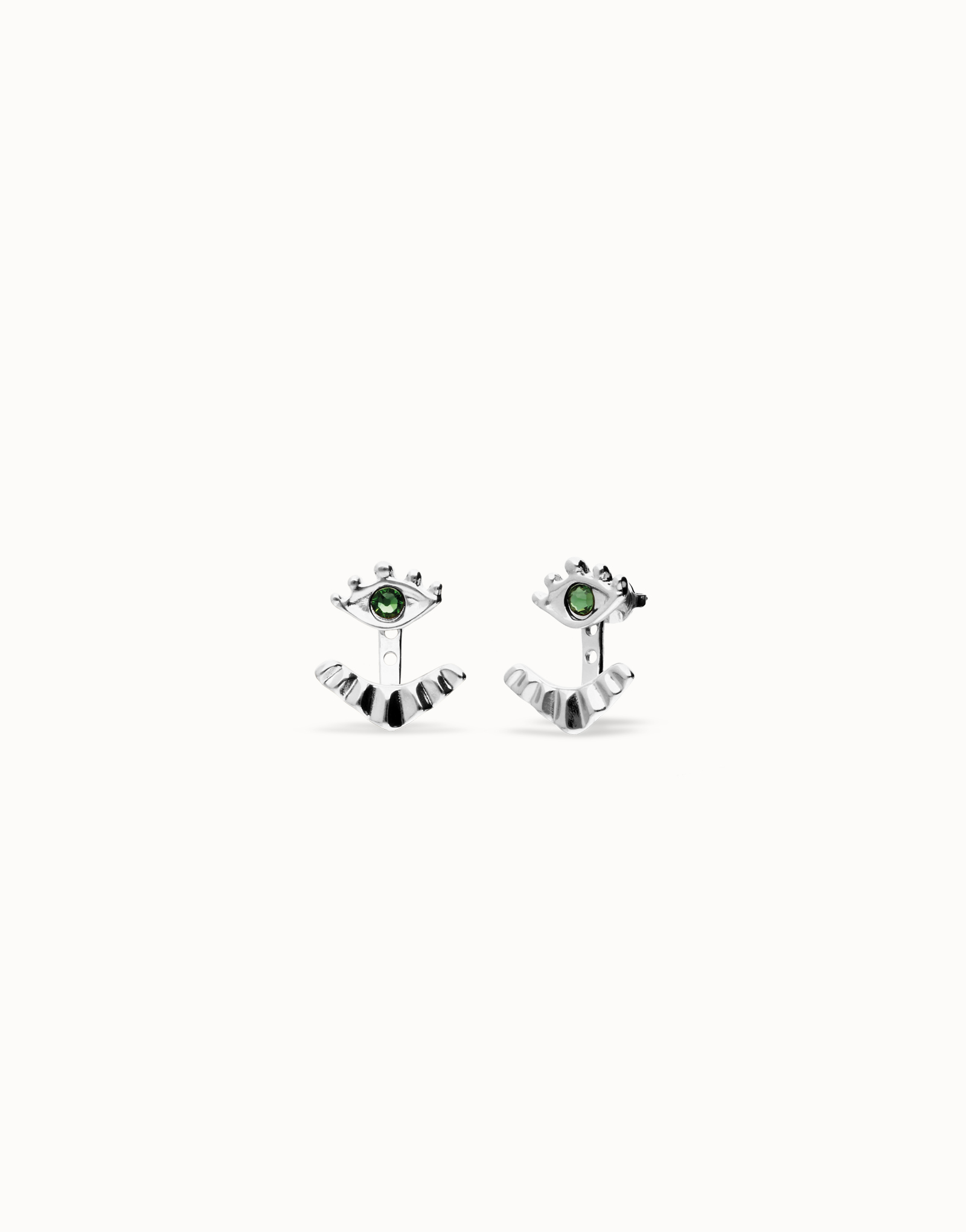 Pendientes bañados en plata en forma de ojo con pestañas y cristal facetado verde, Plateado, large thumbnail