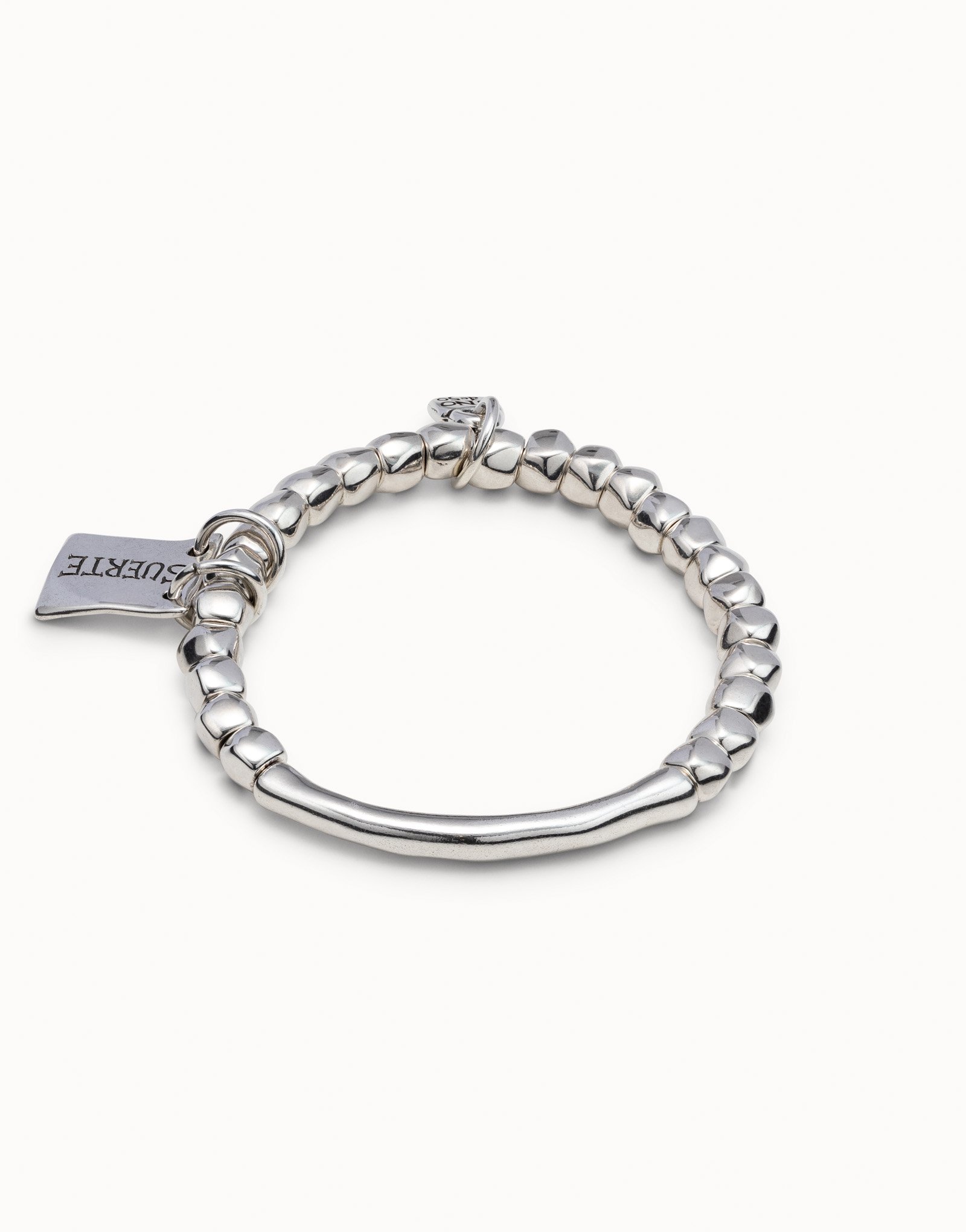 Bead bracelet with tubular piece and silver-plated plate with message, , large image number null