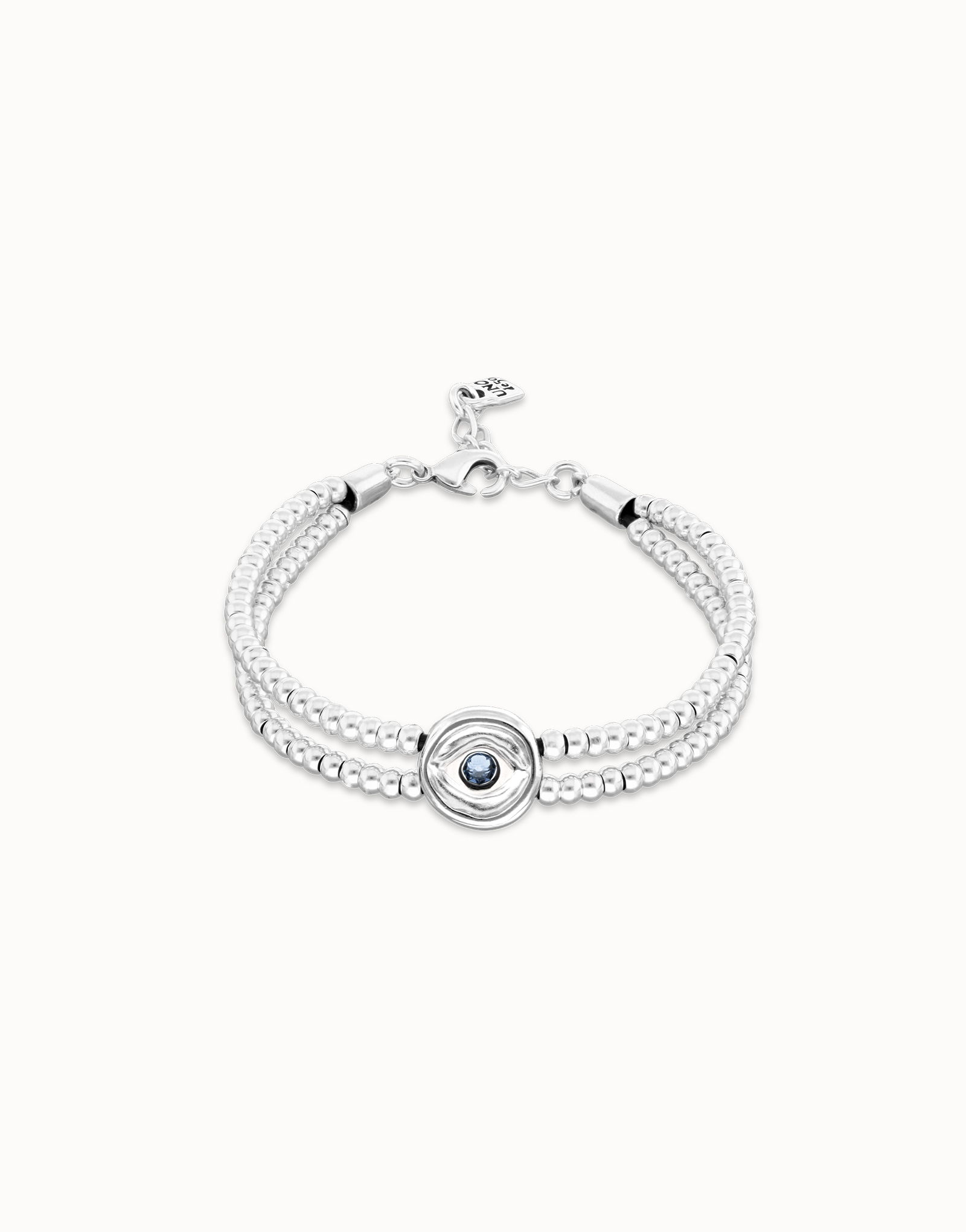 Pulsera de bolas doble bañada en plata de ley con detalle de ojo y cristal azul, Plateado, large thumbnail