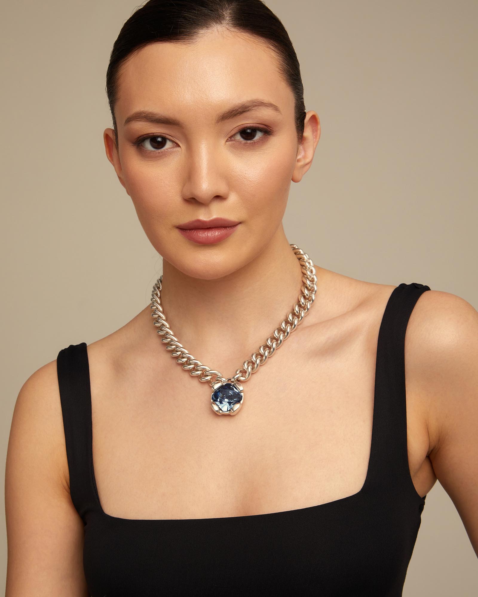 Sterling silver-plated necklace with blue crystal, Silver, large image number null