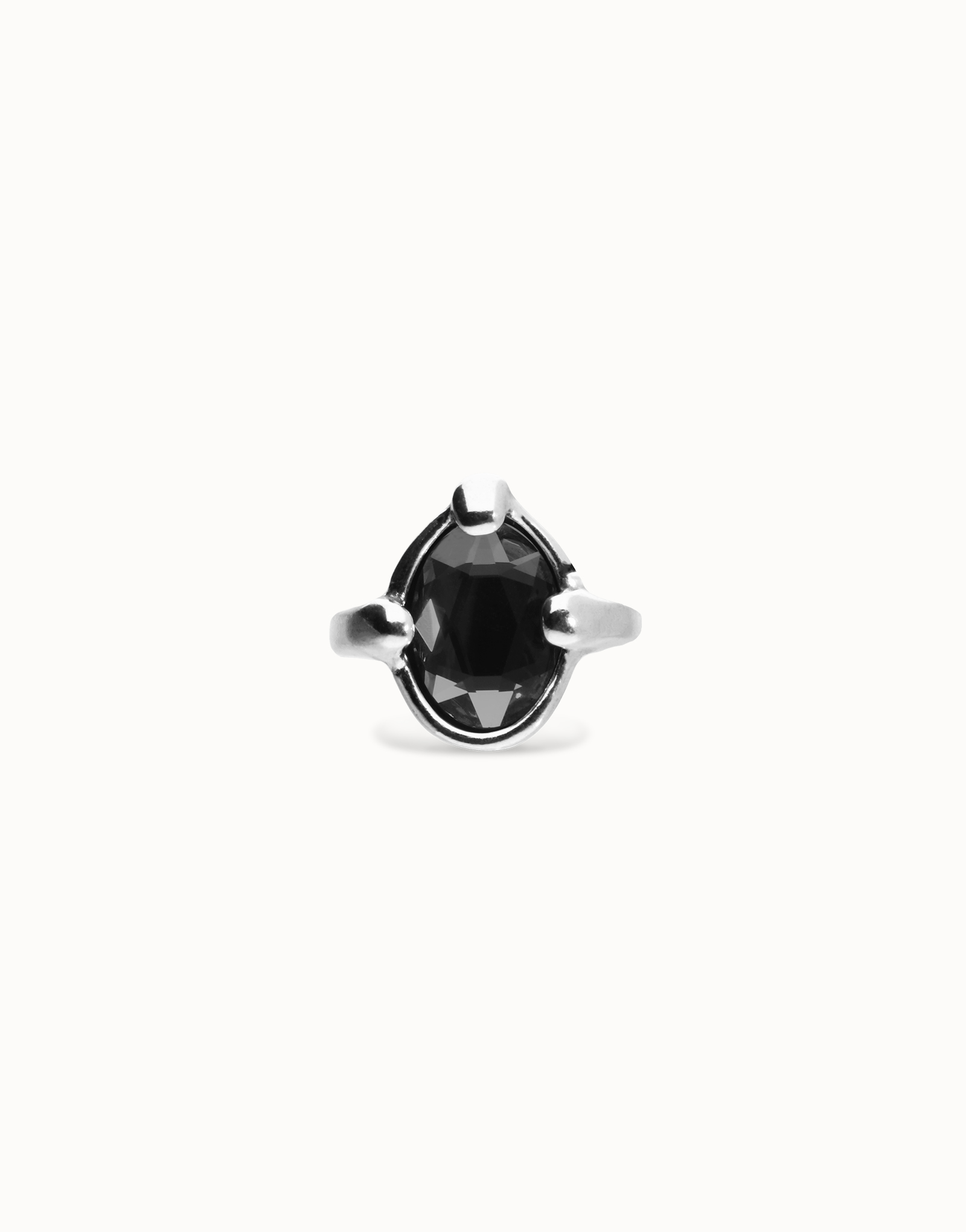 Bague Fleur Stylisée Sertie De Cristal Jais Noir - Taille 62, Métal Argenté, Occasion (bon état)