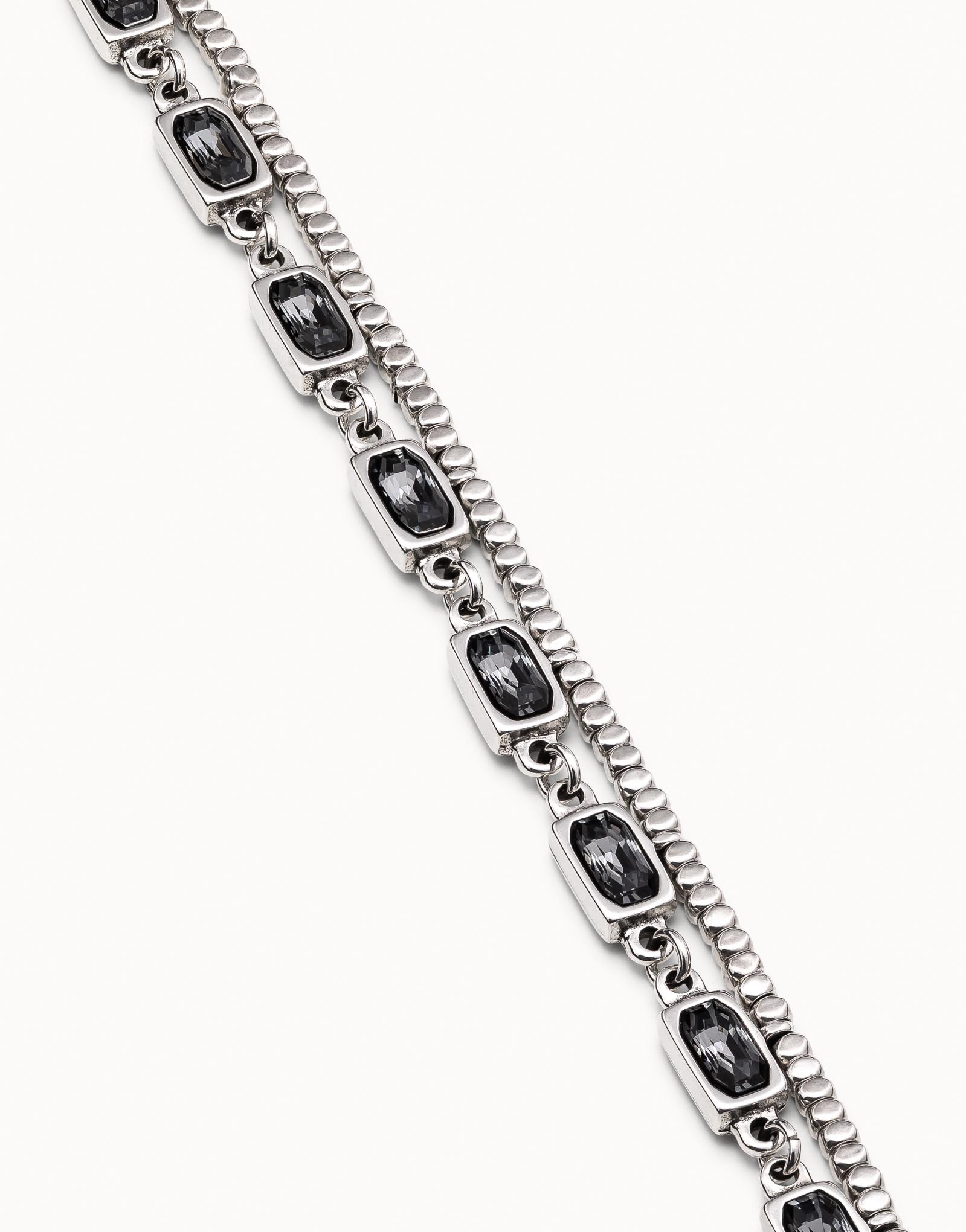 Sterling silver-plated bracelet with lateral strip of small beads, 8 cases with gray crystals and carabiner clasp, , large image number null