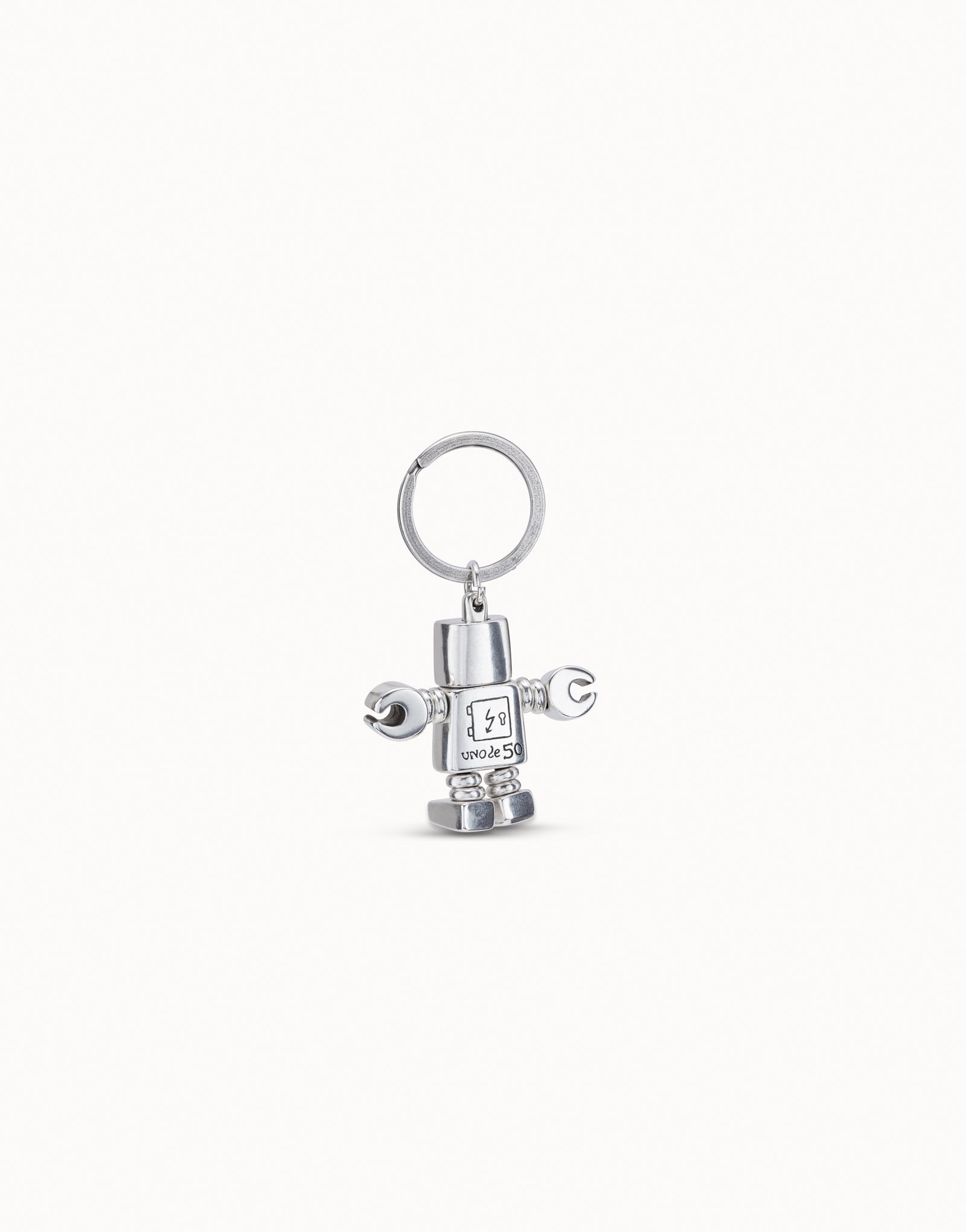 Sterling silver-plated engraved robot and logo key-ring, , large image number null