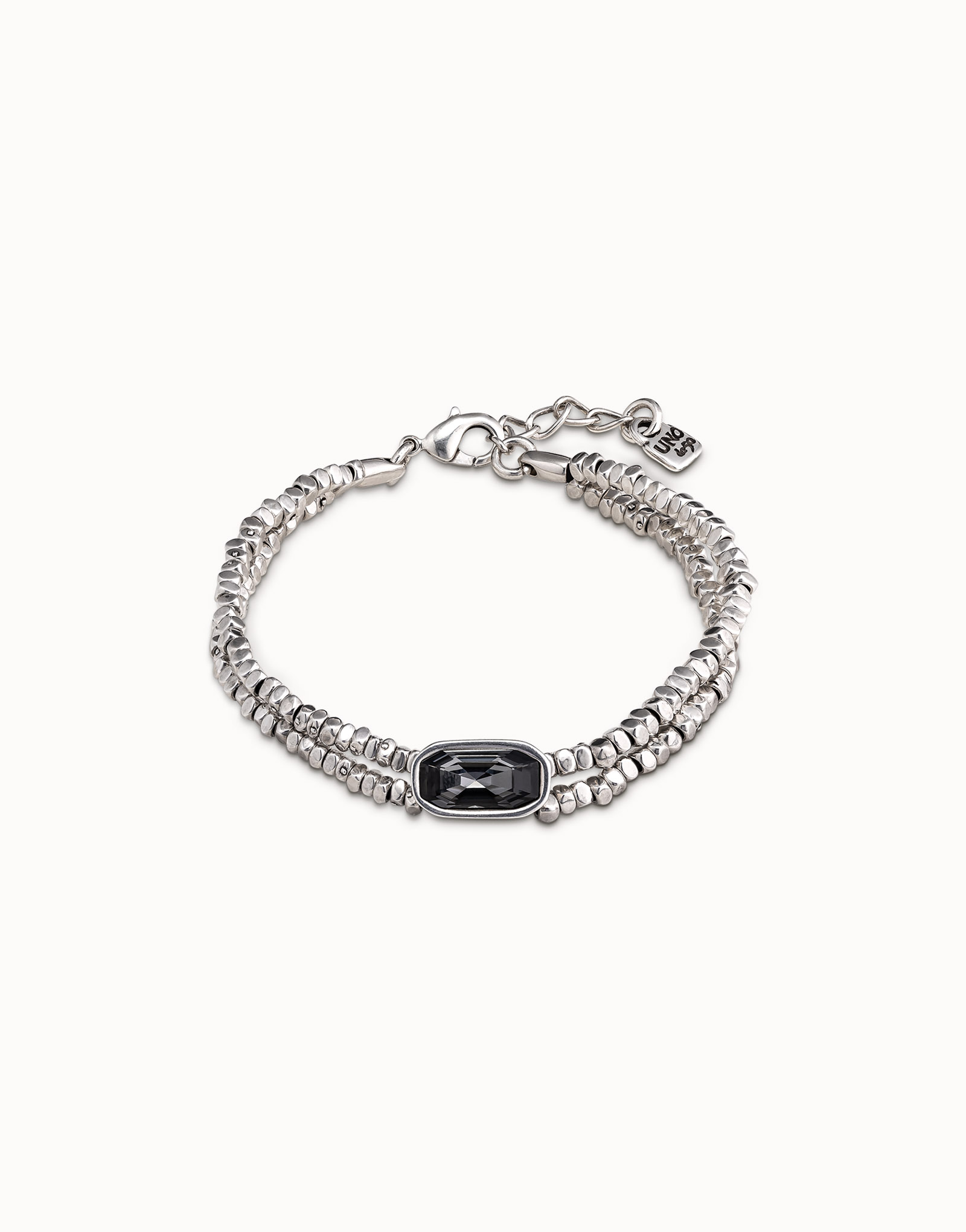 Sterling silver-plated bracelet with 2 strips and gray crystal with carabiner clasp, , large image number null