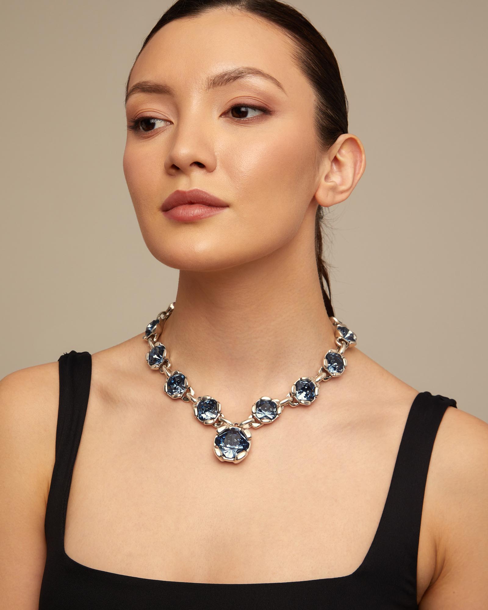 Sterling silver-plated necklace with 12 faceted blue crystals., Silver, large image number null