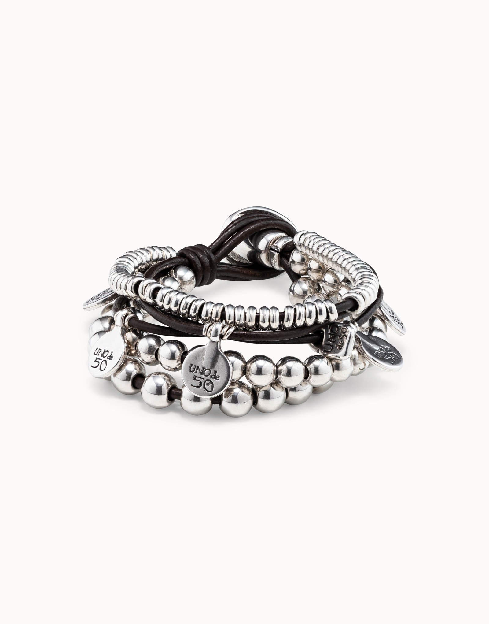 Leather and sterling silver-plated bracelet, Silver, large image number null