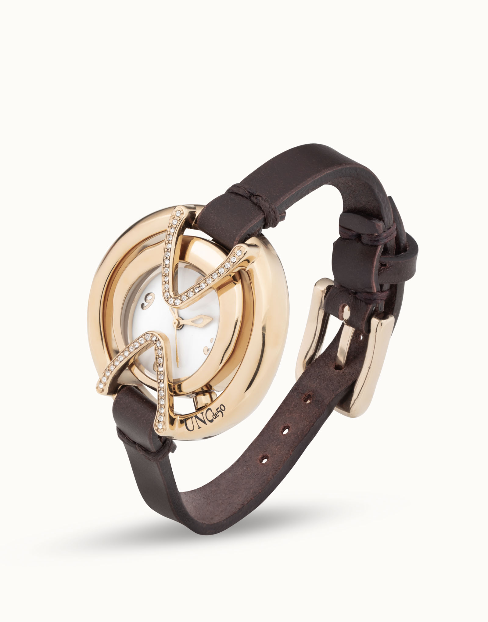 18K gold-plated watch with black leather strap and round dial with topaz, Golden, large image number null