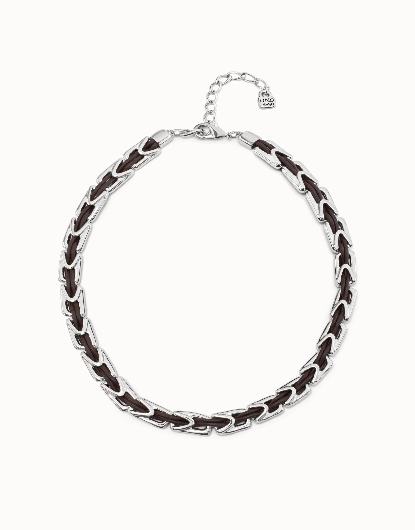 Short leather necklace with sterling silver-plated links., Silver, large image number null