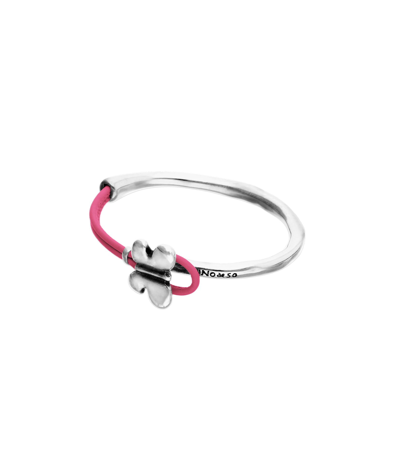 Pulsera combinada en cuero rosa y plata de ley con adorno de mariposa