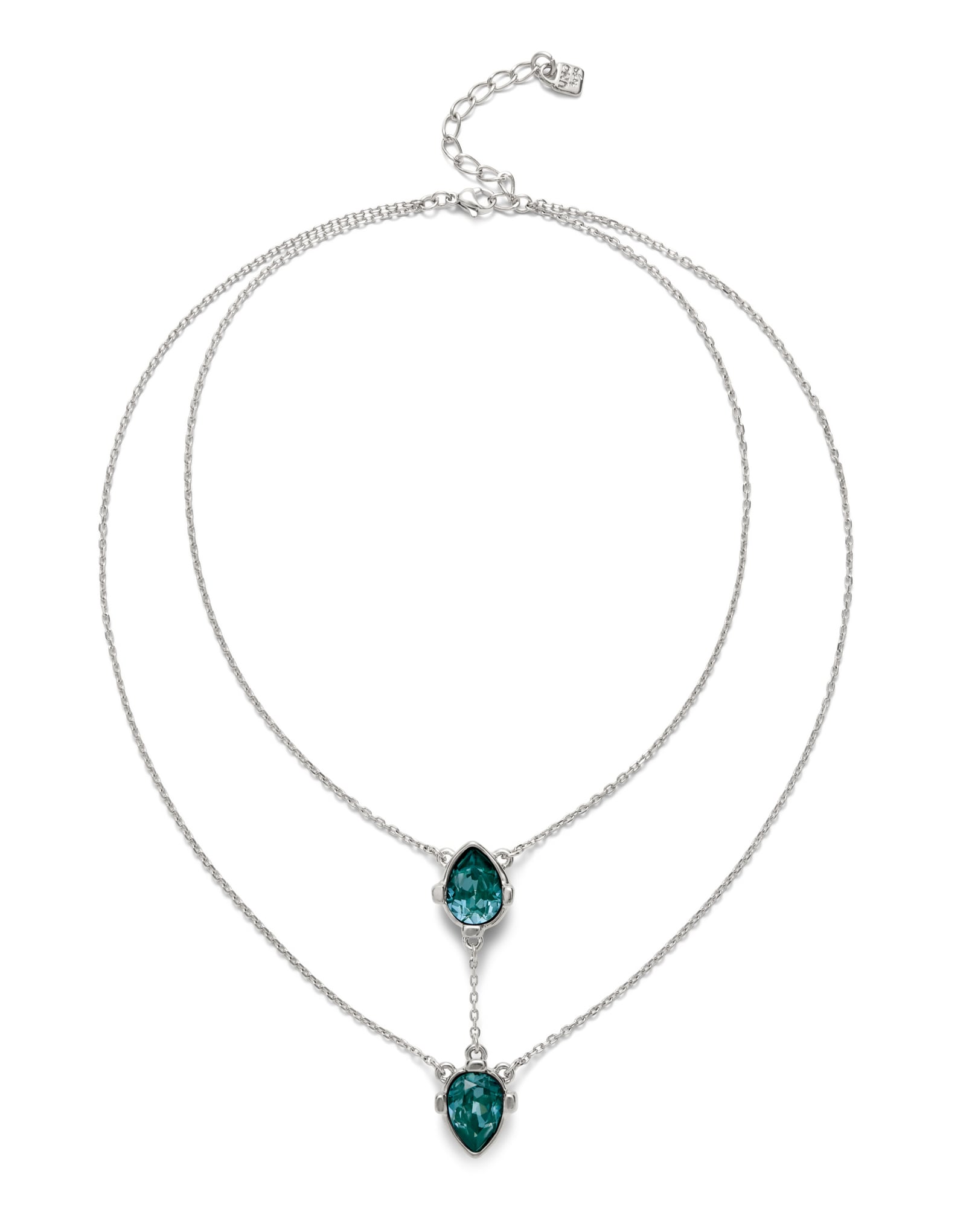 Double necklace with two drop-shaped pendants featuring blue faceted crystals